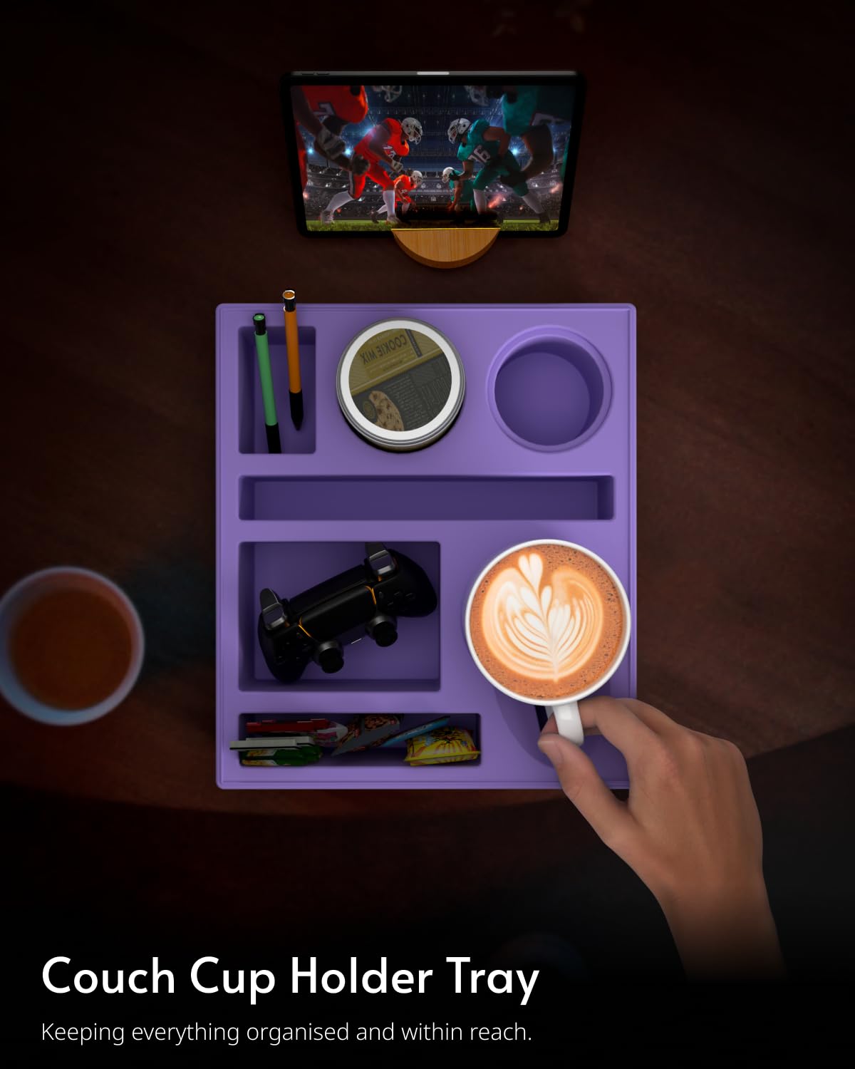 **Silicone Couch Cup Holder Tray - Sofa & Bed Drink Holder, Couch Organizer Caddy with Snack Tray & Remote Storage, Perfect for Living Room, Beach, and Movie Nights (Purple)**