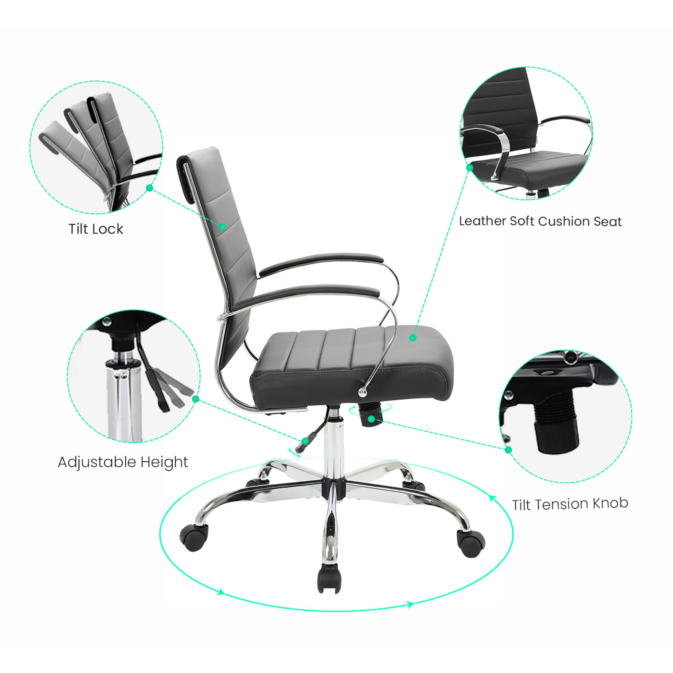 Premium Benmar Black Leather Office Chair - Modern Mid-Back Ergonomic Swivel Chair with Adjustable Height & Lumbar Support | Perfect for Home Office, Gaming & Executive Workspaces