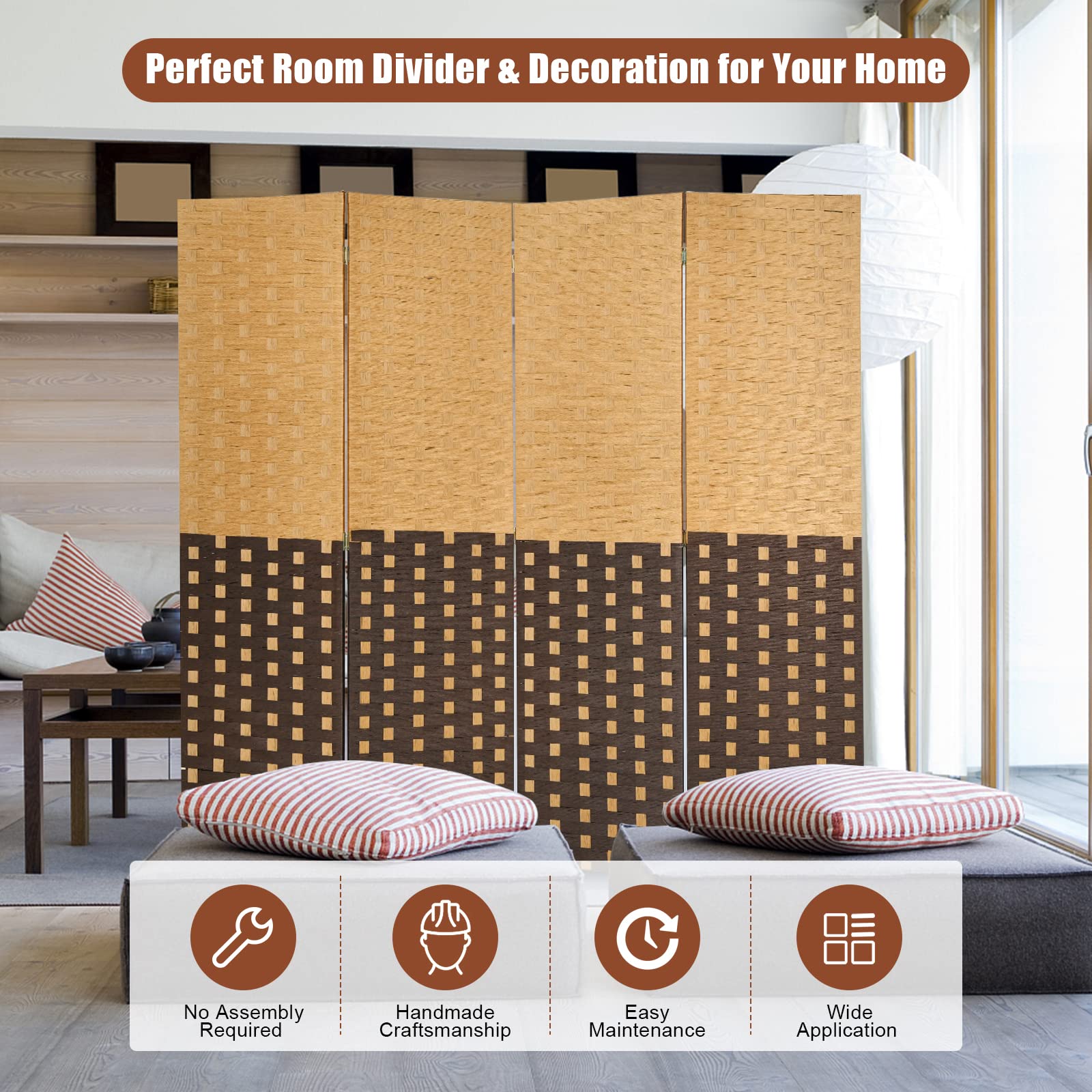 Giantex 4-Panel Handmade Rattan Room Divider Screen - 6FT Tall Freestanding Wood Partition for Home, Office & Bedroom - Portable Folding Privacy Screen for Indoor Spaces & Room Separation