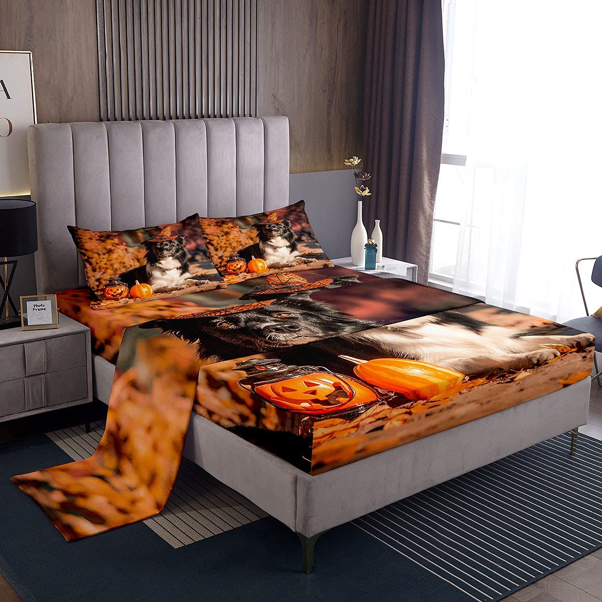 Feelyou Halloween Dog Pumpkin Lantern Bed Sheet Set - Ultra Soft Queen Size Pet Bedding for Dogs, Kids & Adults - Perfect for Autumn Decor, Dog Lover's Room & Cozy Fall Nights