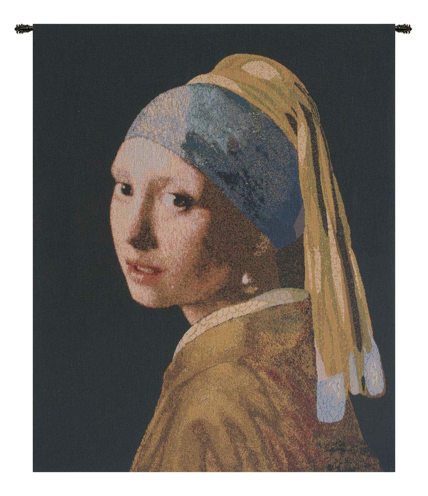 Charlotte Home Furnishings The Girl with the Pearl Earring Belgian Tapestry Wall Hanging - 32x26 Inch Viscose Cotton Polyester Blend Wall Art - Elegant Home Decor for Living Room, Bedroom & Office
