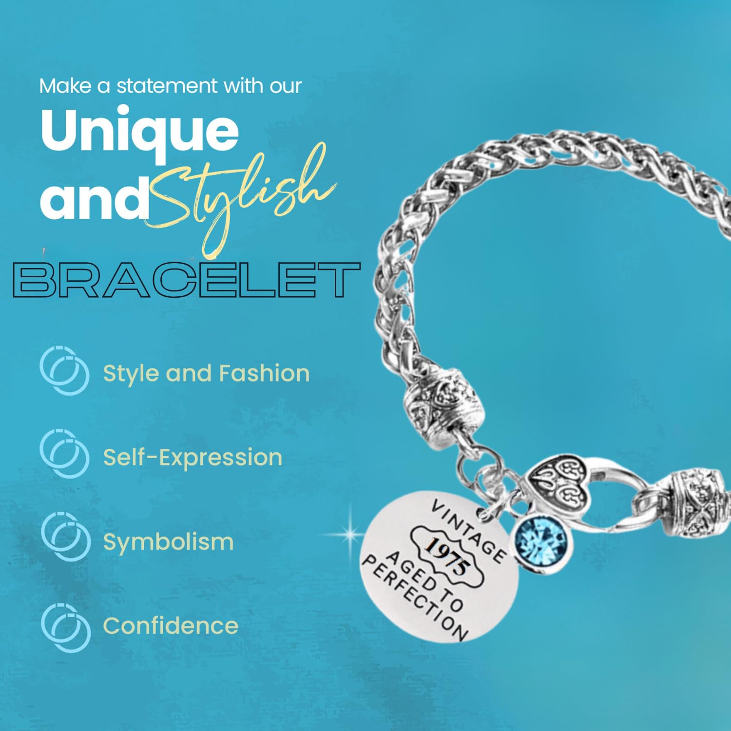 50th Birthday Charm Bracelet with Genuine Birthstone – Vintage 1975 Inspired Jewelry for Women | Perfect 50th Birthday Gift for Her | Anniversary, Mother's Day & Special Occasion Present