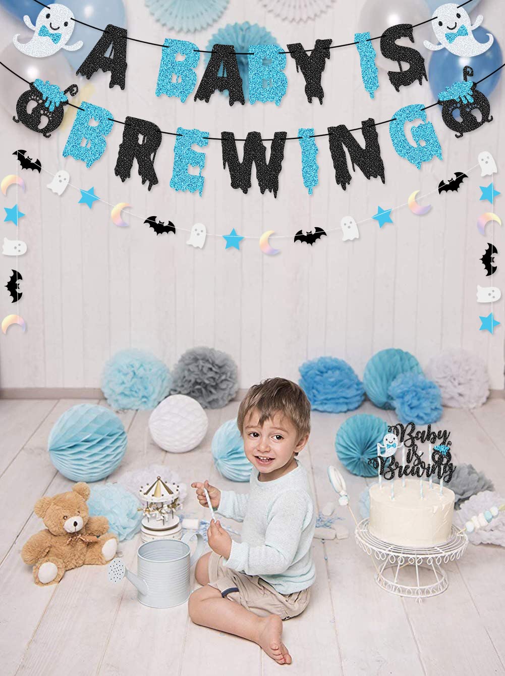 Blue and Black 'A Baby is Brewing' Banner & Cake Topper Set - Perfect for Halloween Baby Shower Decorations, Gender Reveal Parties, and Nursery Room Decor