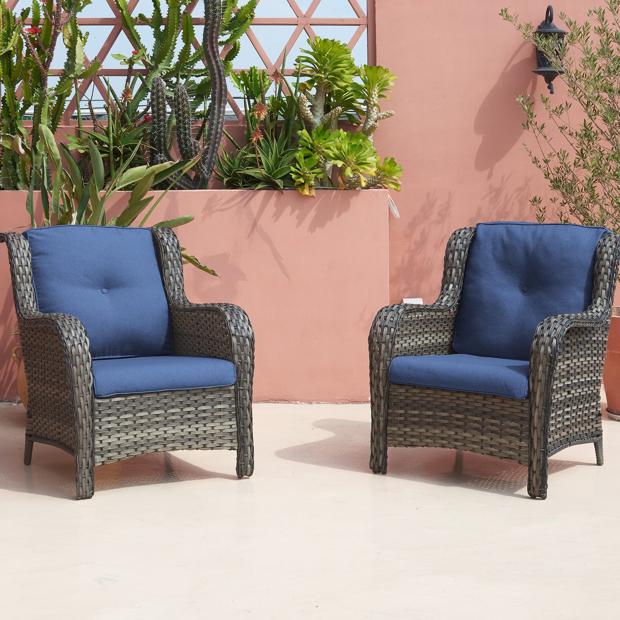 Outdoor Wicker Patio Chairs - Rattan Dining Chairs with High Back & Deep Seating for Porch, Garden & Poolside (Mixed Grey/Blue) | Perfect for Relaxing, Entertaining & Outdoor Dining