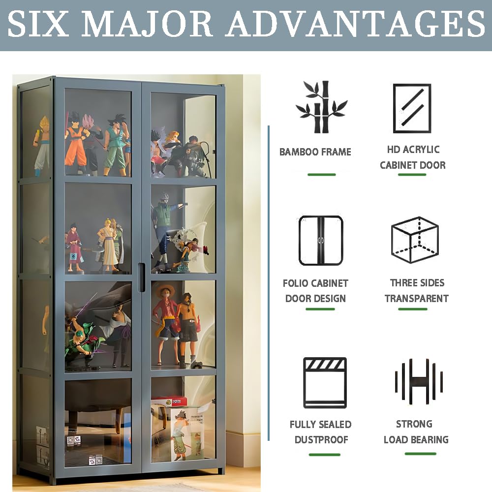 5 Tier Acrylic Glass Door Curio Display Cabinet - Collectibles & Toy Organizer Shelf for Kids Bedroom, Reading Nook, Nursery - Bamboo Bookcase & Display Rack for Home Decor, Living Room, Playroom Organization