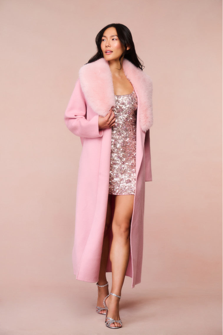 Luxury Mahika Wool Cashmere Coat with Faux Fur Collar - Women's Winter Warm Trench Coat for Office, Dating & Formal Occasions