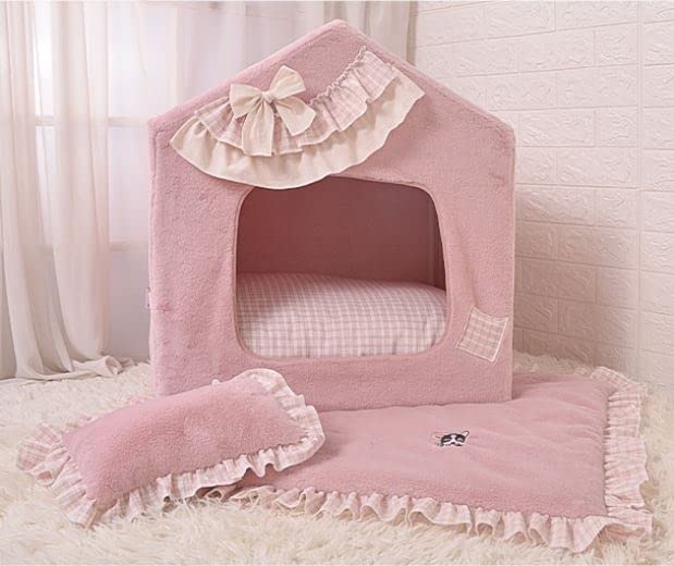 Princess Handmade Pet Dog Cat Bed - Cozy House Tent Sofa Cushion for Small Dogs & Cats - Removable Washable Warm Frame Bed Cover (Pink Grid, Medium) - Perfect for Indoor Lounging & Nap Time Comfort