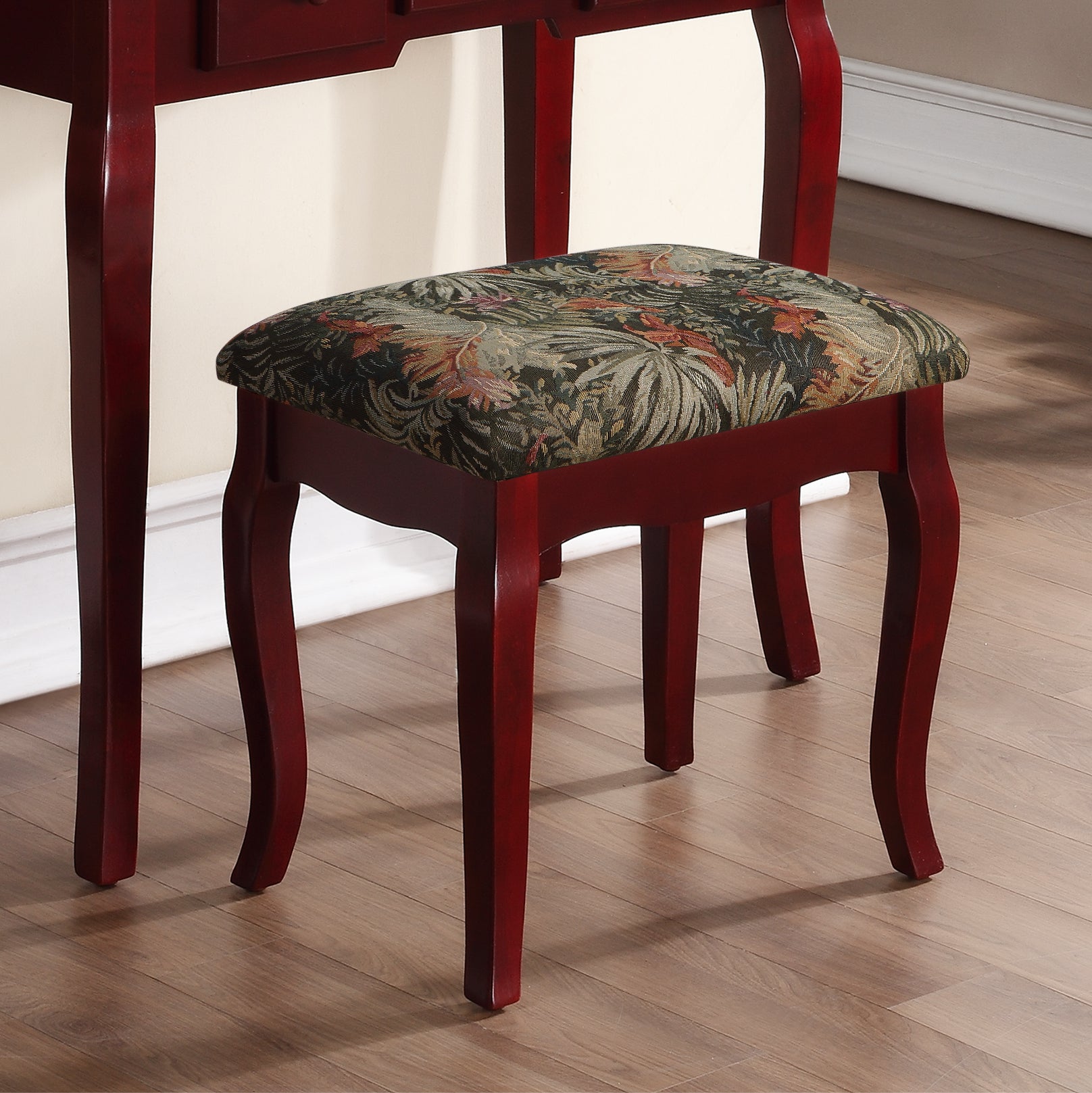 Ashley Wood Makeup Vanity Table and Stool Set with Mirror - Cherry Finish for Bedroom, Dressing Room & Beauty Salon | Roundhill Furniture