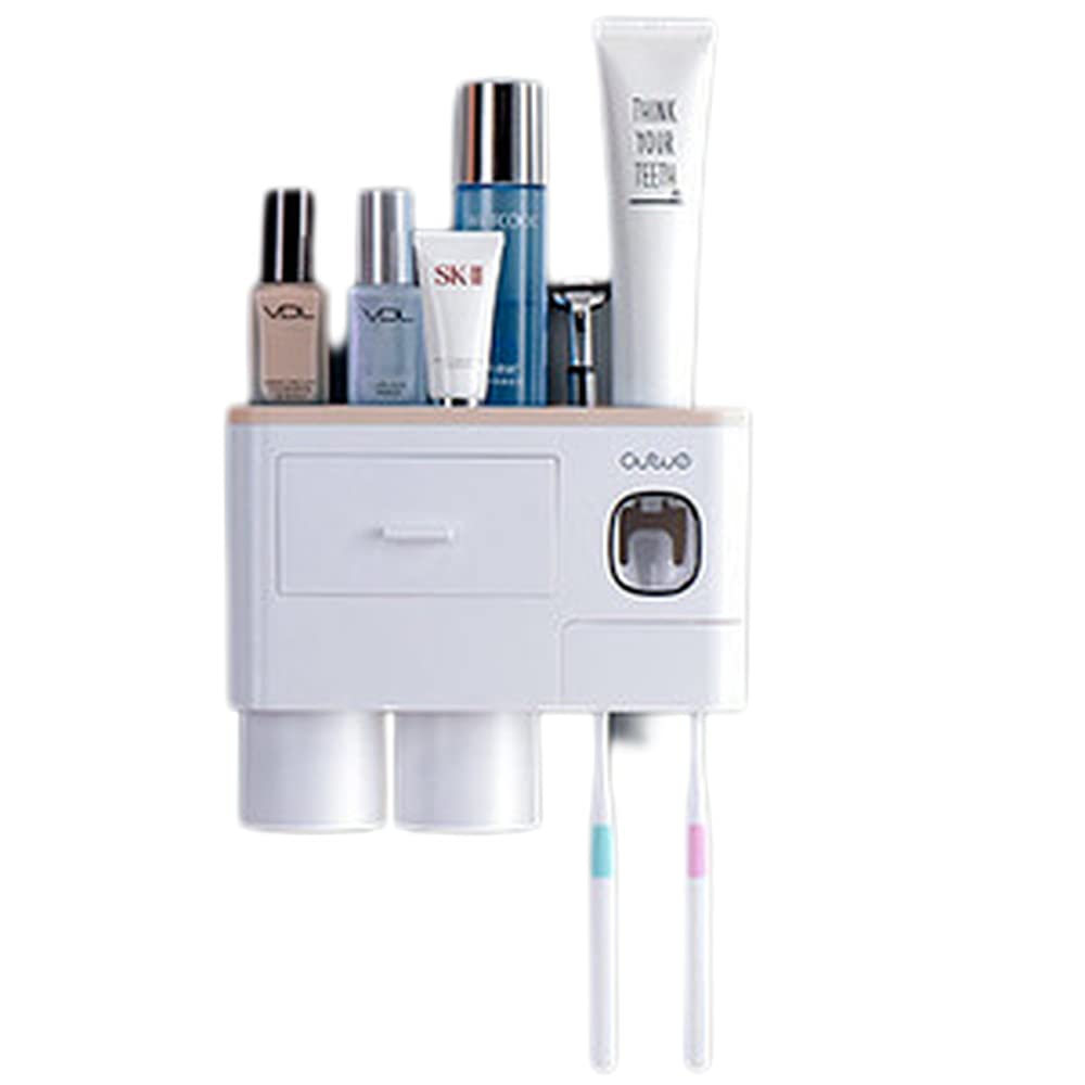 Automatic Electric Toothpaste Dispenser & Toothbrush Holder Wall Mounted with Magnetic Cups - 2 Cup Pink Bathroom Organizer for Countertop & Drawer Storage | Perfect for Small Spaces & Travel