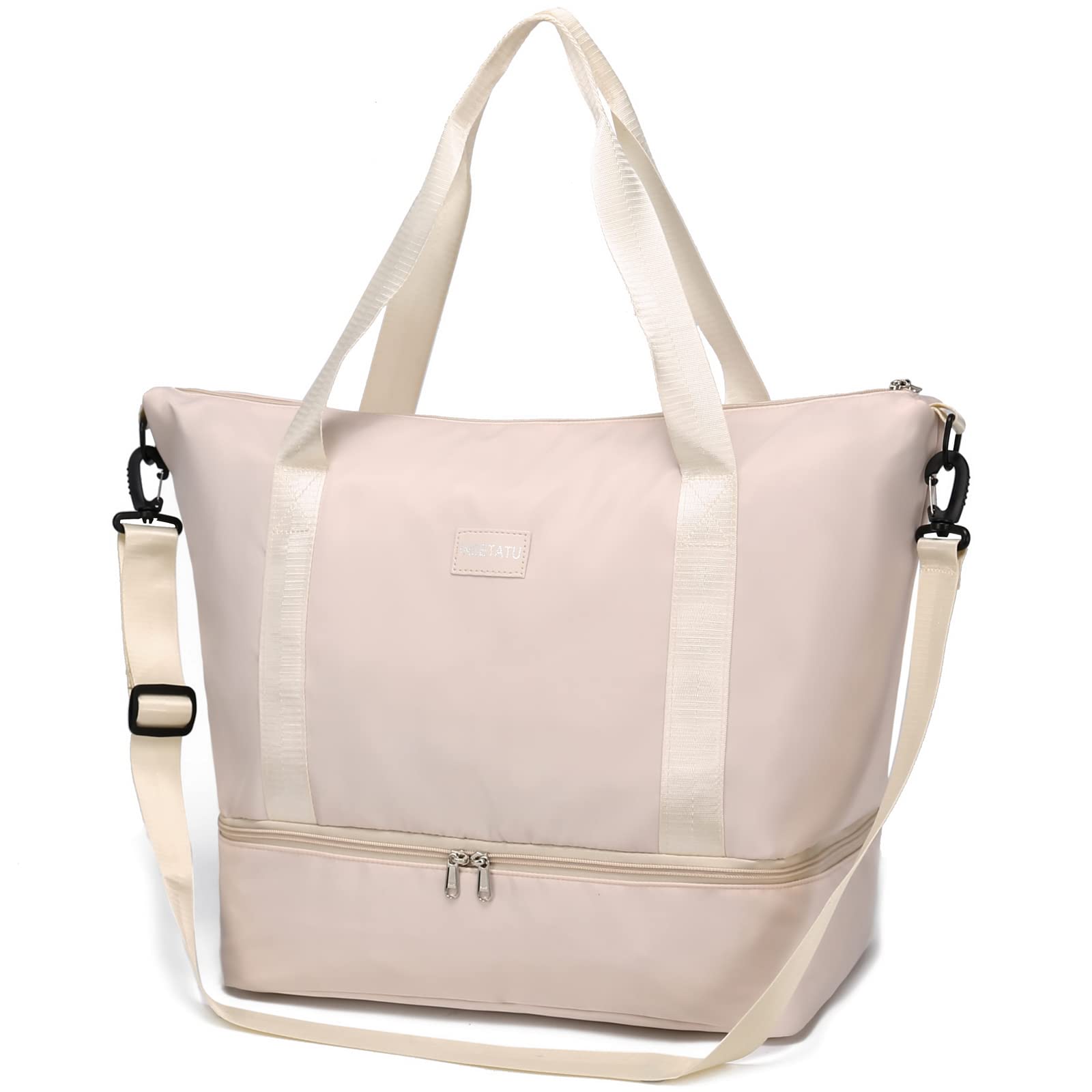 Women's Travel Duffle Bag - Waterproof Weekender Overnight Bag with Shoe Compartment & Pockets, Lightweight Carry On Duffel for Gym, Sports, Yoga, Beach Trips & Weekend Getaways (Beige)