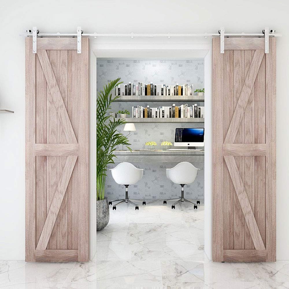 TSMST 16FT Sliding Barn Door Hardware Kit - Heavy Duty Stainless Steel Top Mount Track for Double Wood Doors - Smooth & Quiet L-Style Design - Perfect for Farmhouse, Loft & Rustic Home Decor