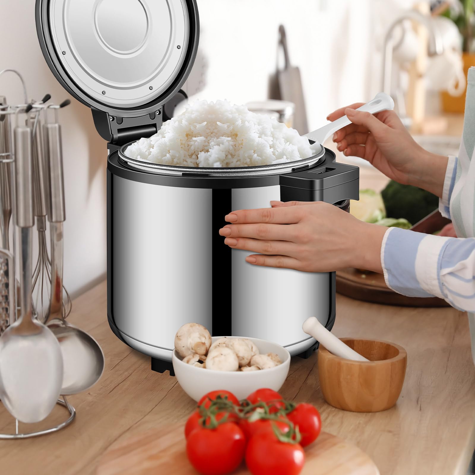 100 Cup Commercial Electric Rice Warmer - Stainless Steel Food Warmer with Spoon & Warm Function - Heavy Duty 100W Rice Cooker for Restaurants, Catering, Buffets & Party Events - Perfect for Banquets, Cafeterias & Large Gatherings