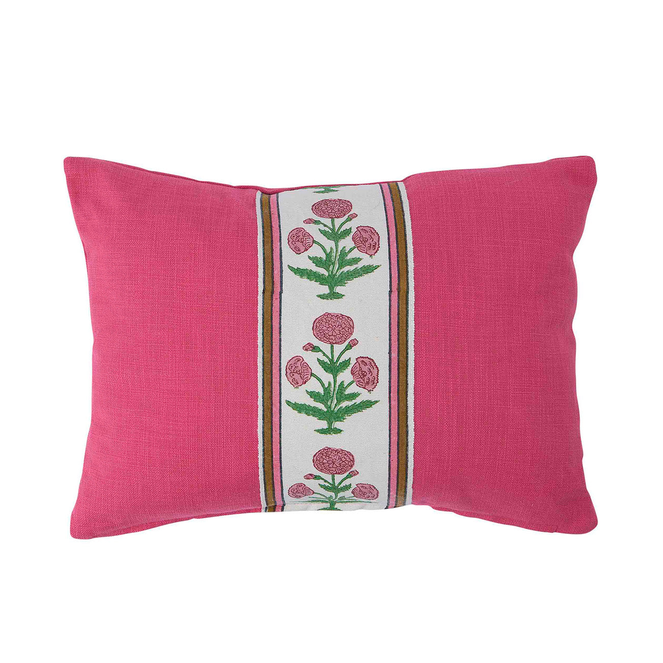 Hot Pink Cotton Cushion with Poppy Pink and Green Tape - Soft Throw Pillow for Sofa, Bed, or Home Decor