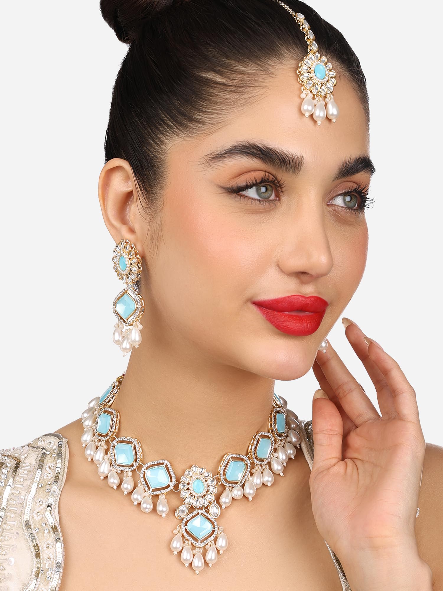 ZAVERI PEARLS Turquoise Blue Stone Austrian Diamond Beaded Drop Necklace & Earrings Set with Maangtikka for Women | Bridal Jewelry, Wedding Accessories, Party Wear, Indian Ethnic Outfit Enhancer - ZPFK17782