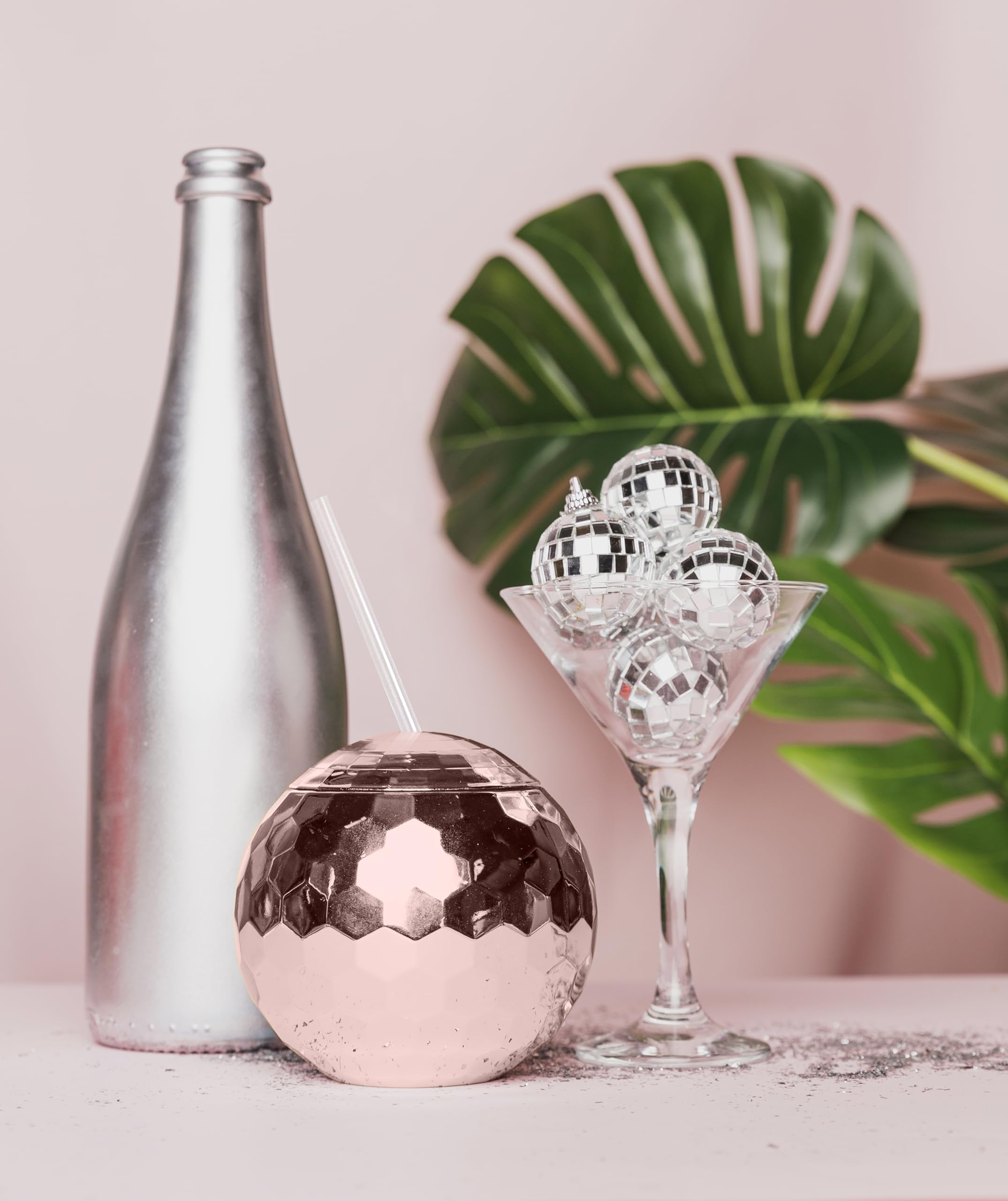 Andaz Press 1970s Disco Ball 19 oz Stainless Steel Tumbler with Lid and Straw - Rose Gold Pink Champagne Copper (32-Pack) - Perfect for Parties, Weddings, and Retro Themed Events