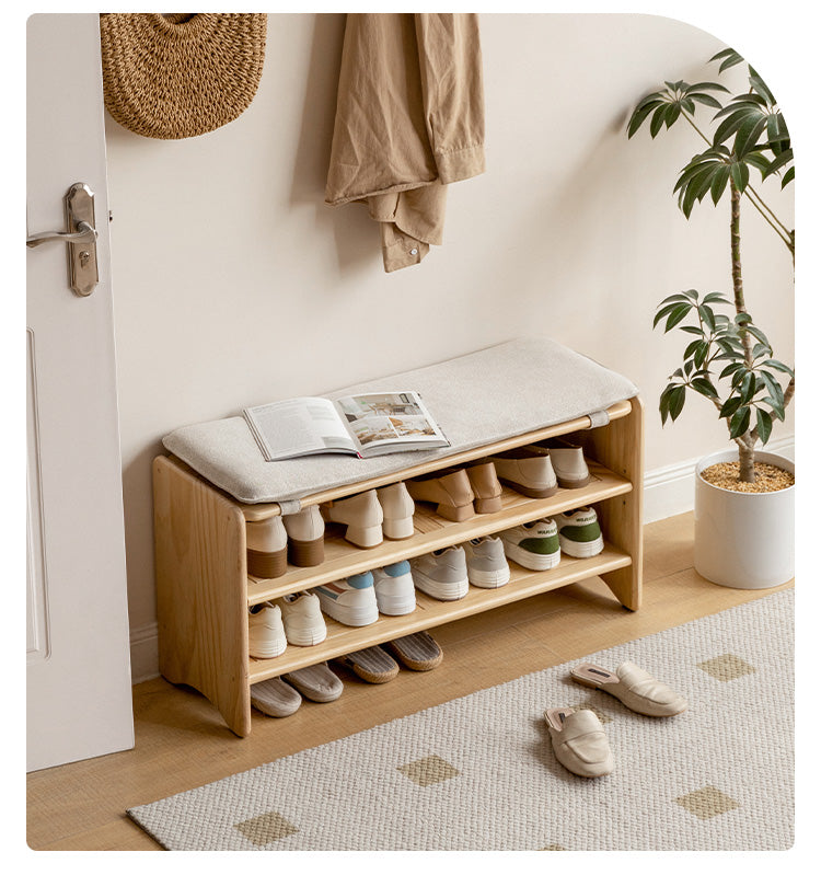 Solid Pine Wood Shoe Bench - 3-Tier Rustic Entryway Shoe Rack with Storage Shelf | Perfect for Mudroom, Hallway & Closet Organization (Natural Wood Finish)