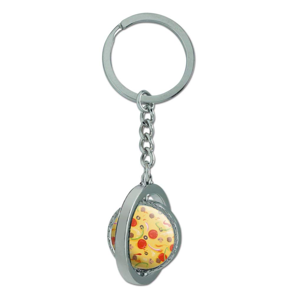 Spinning Round Chrome Plated Metal Pizza Keychain - Pepperoni, Olives & Onions Design | Unique Graphic Novelty Gift for Pizza Lovers, Kitchen Decor, Party Favors & Collectibles