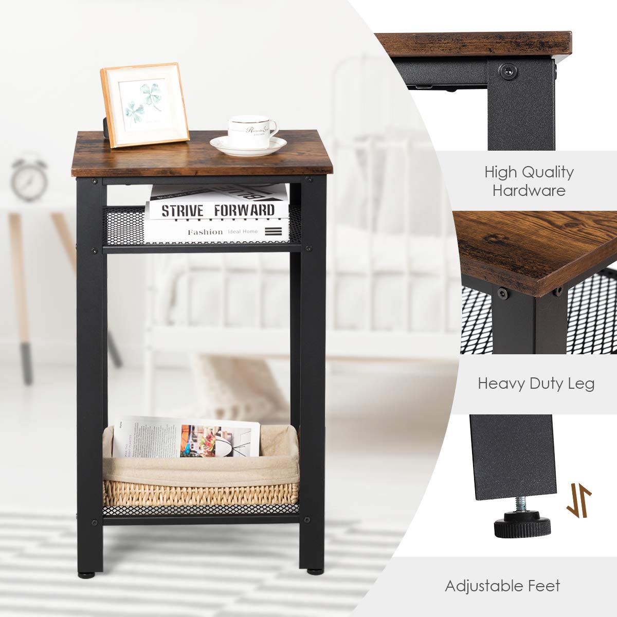 Safeplus Modern End Table - 2 Tier & 3 Tier Side Table with Metal Mesh Storage Shelves, Industrial Nightstand for Living Room & Bedroom - Perfect for Small Spaces, Apartment Decor & Coffee Table Alternative