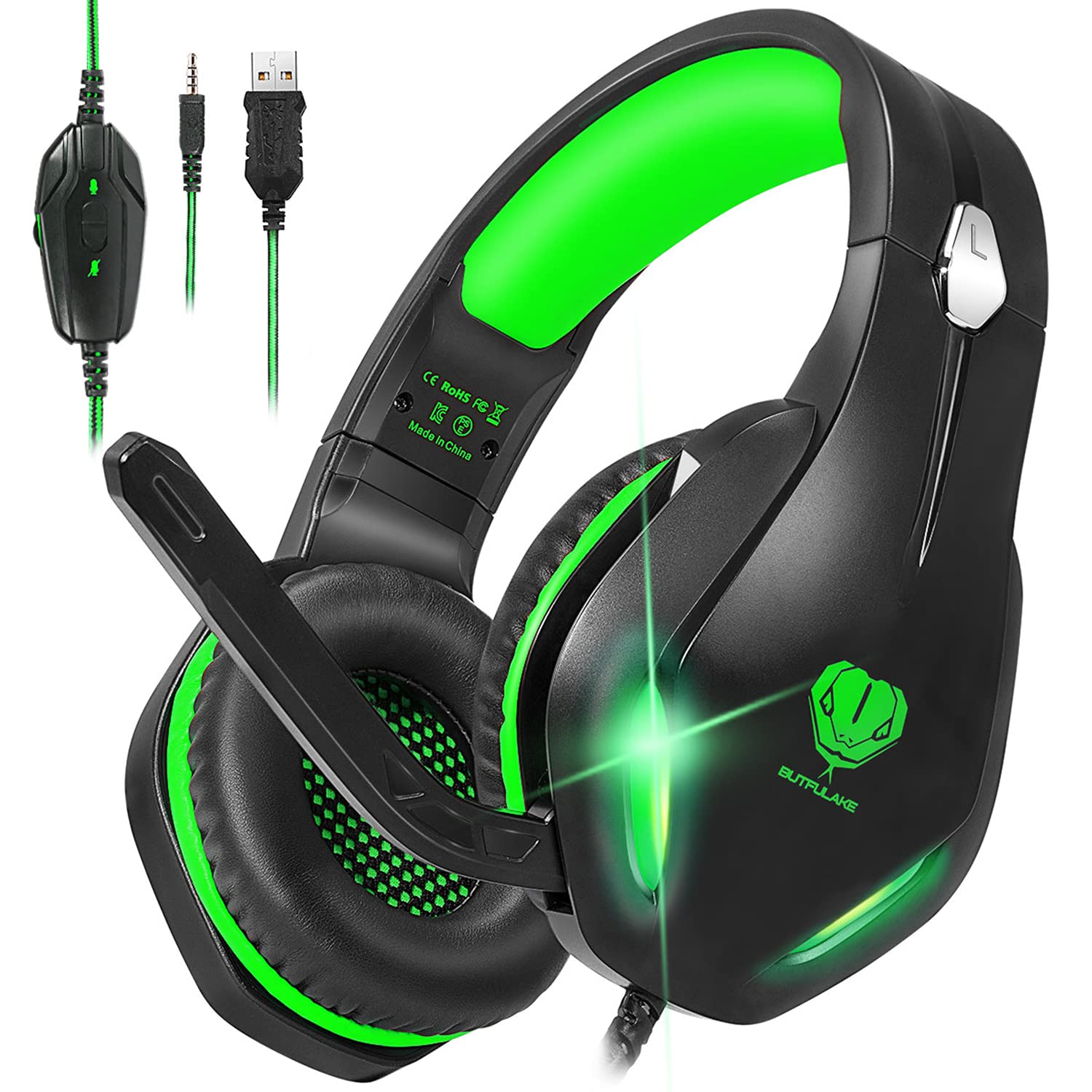 Stynice Gaming Headset with Microphone - Over-Ear Green LED Headphones with Noise Cancelling Mic for PC, PS5, PS4, Xbox One, Laptop - Perfect for Competitive Gaming & Online Streaming (Green)