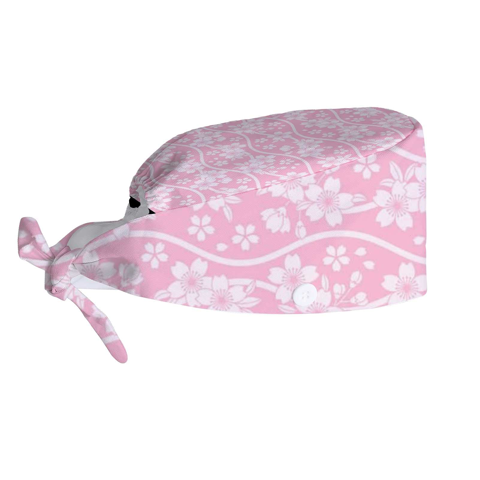 Adjustable Work Cap with Buttons & Sweatband - Cherry Blossom Floral Design Unisex Hat for Women & Men, Tie Back Hat for Long Hair - Perfect for Construction, Gardening, Outdoor Work & Sports Activities