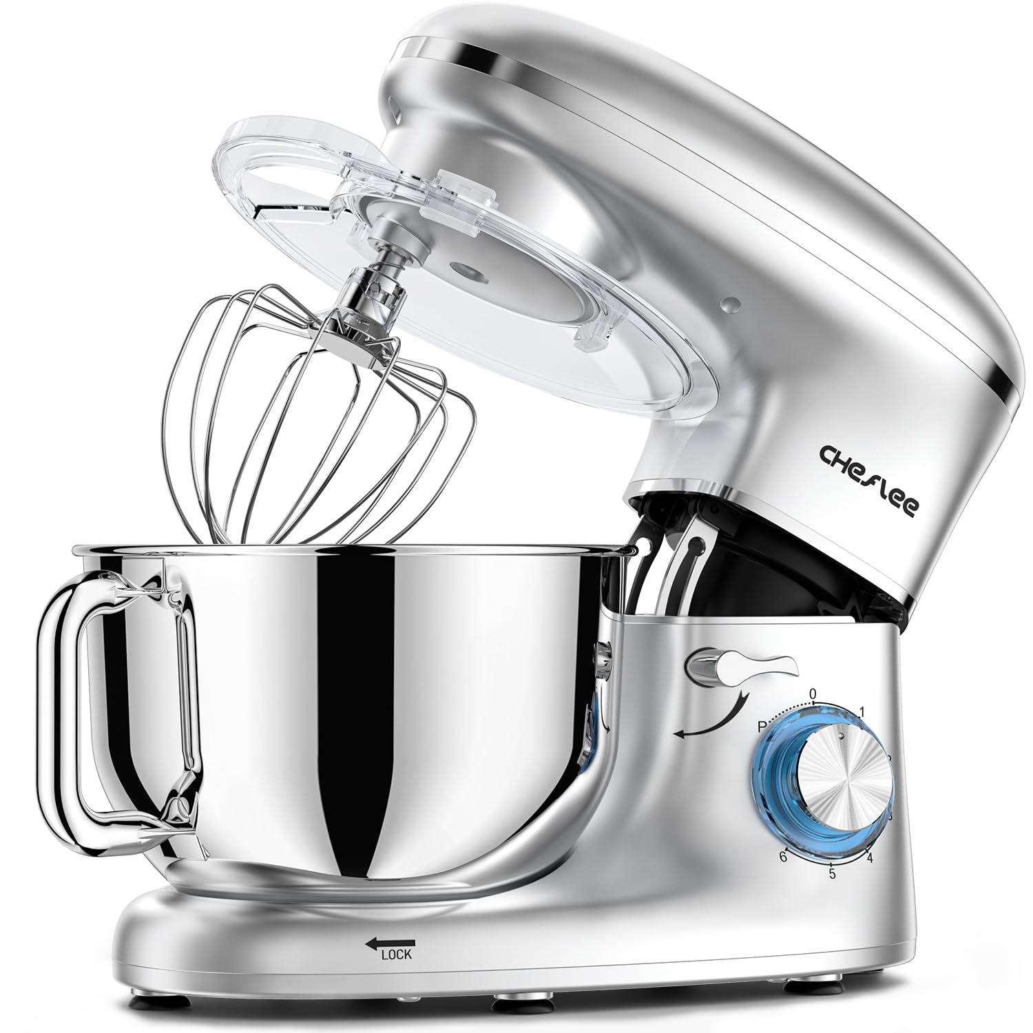 600W Stand Mixer by CHeflee - 6.5QT Stainless Steel Bowl with Dough Hook, Wire Whip & Beater - Powerful 6-Speed Kitchen Mixer for Baking, Whipping & Kneading - Perfect for Cakes, Cookies, Bread & Pizza Dough - Silver