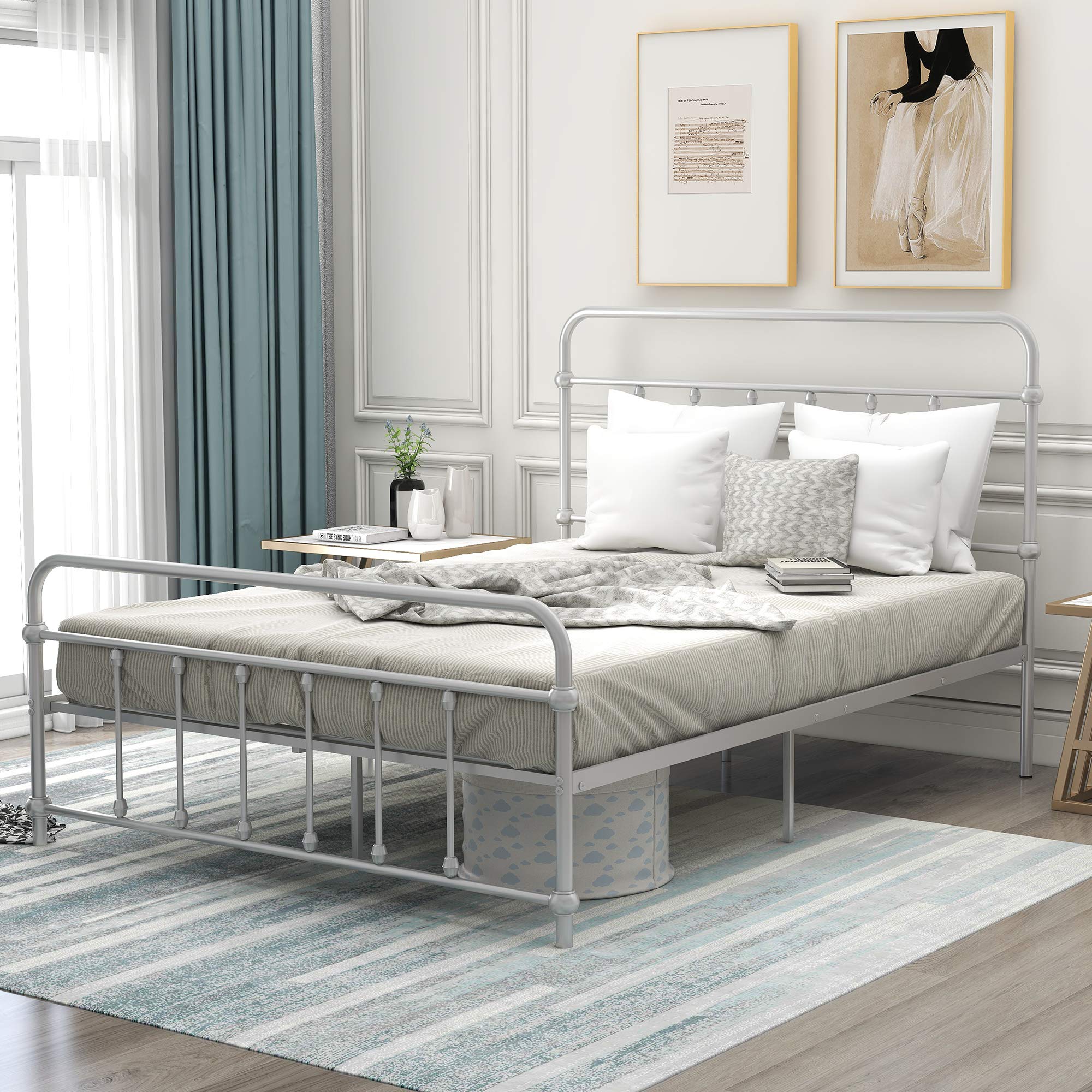 Full Size Bed Frame with Headboard & Storage - 12.6 Inch Sturdy Metal Platform Bed - Noise-Free Design with Under-Bed Storage Space - Silver Finish - Perfect for Small Bedrooms, Guest Rooms & Dormitories