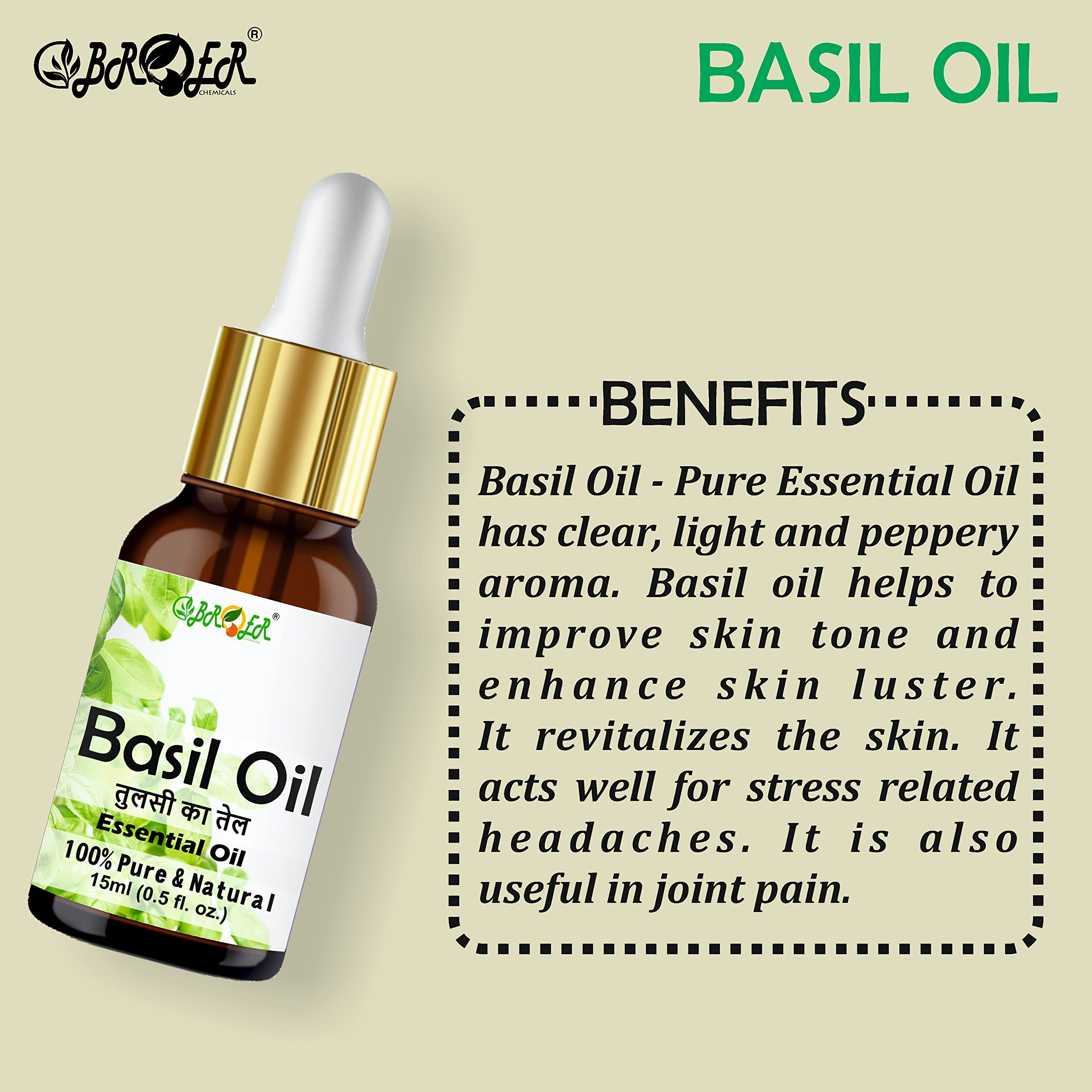 BROER 100% Pure Rosemary & Basil (Tulsi) Essential Oil Set for Hair Growth, Skin Moisturizing & Nourishment - Natural Undiluted Aromatherapy Oils (2x30ml) - Perfect for DIY Hair Care, Massage & Relaxation at Home
