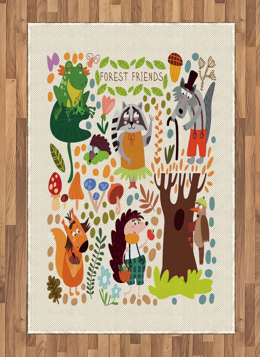 Lunarable Woodland Area Rug - Cartoon Style Forest Animals Print with Woodpecker, Raccoon, Hedgehog & Wolf - Flat Woven Accent Rug for Living Room, Bedroom, Dining Room - 4' x 5' 7