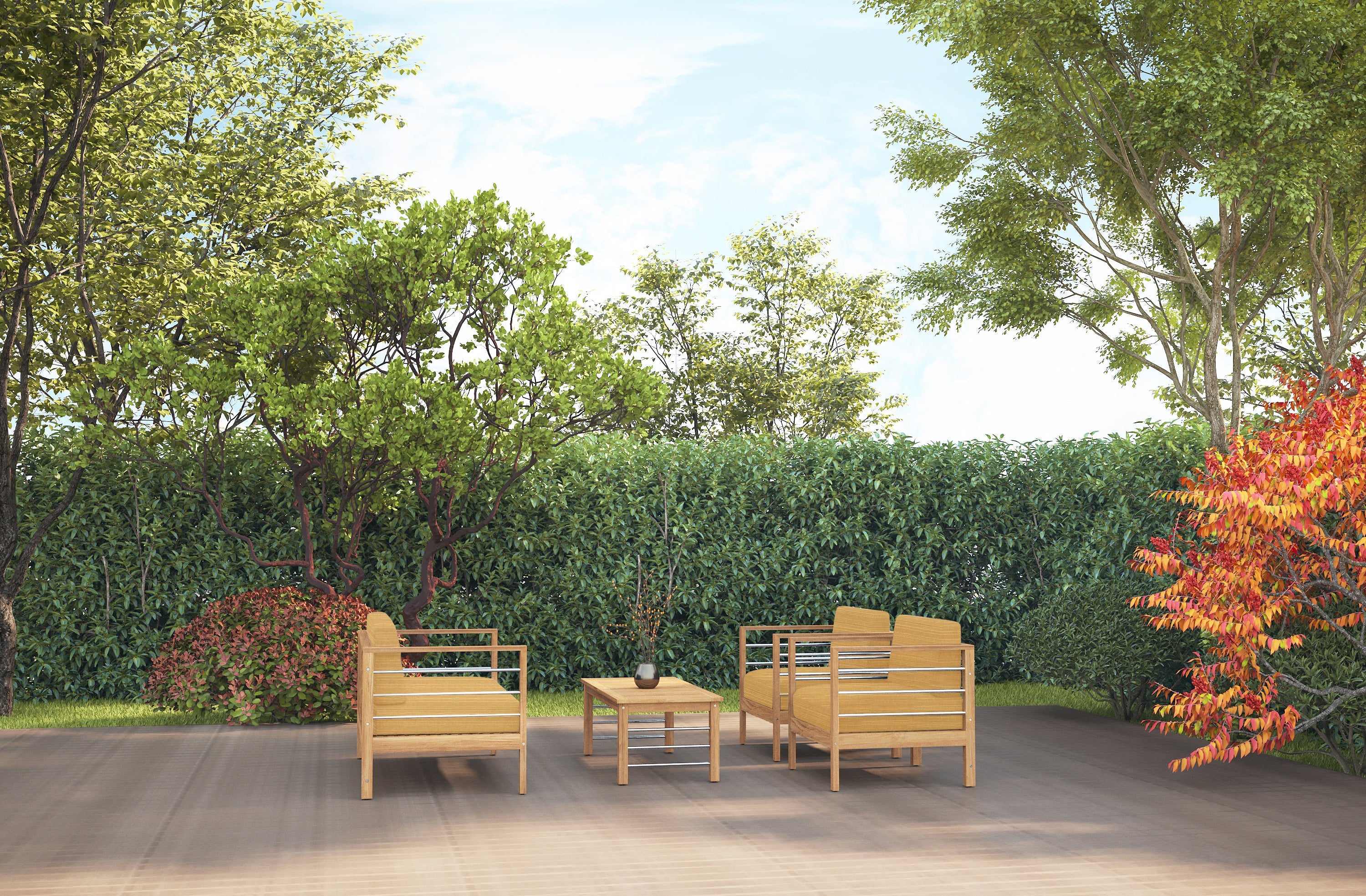 Premium Leon 3-Person Teak Outdoor Sofa Set with Weather-Resistant Sunbrella Dupione Cornsilk Cushions - Patio, Garden & Poolside Lounge Furniture for Backyard, Deck or Outdoor Living Space