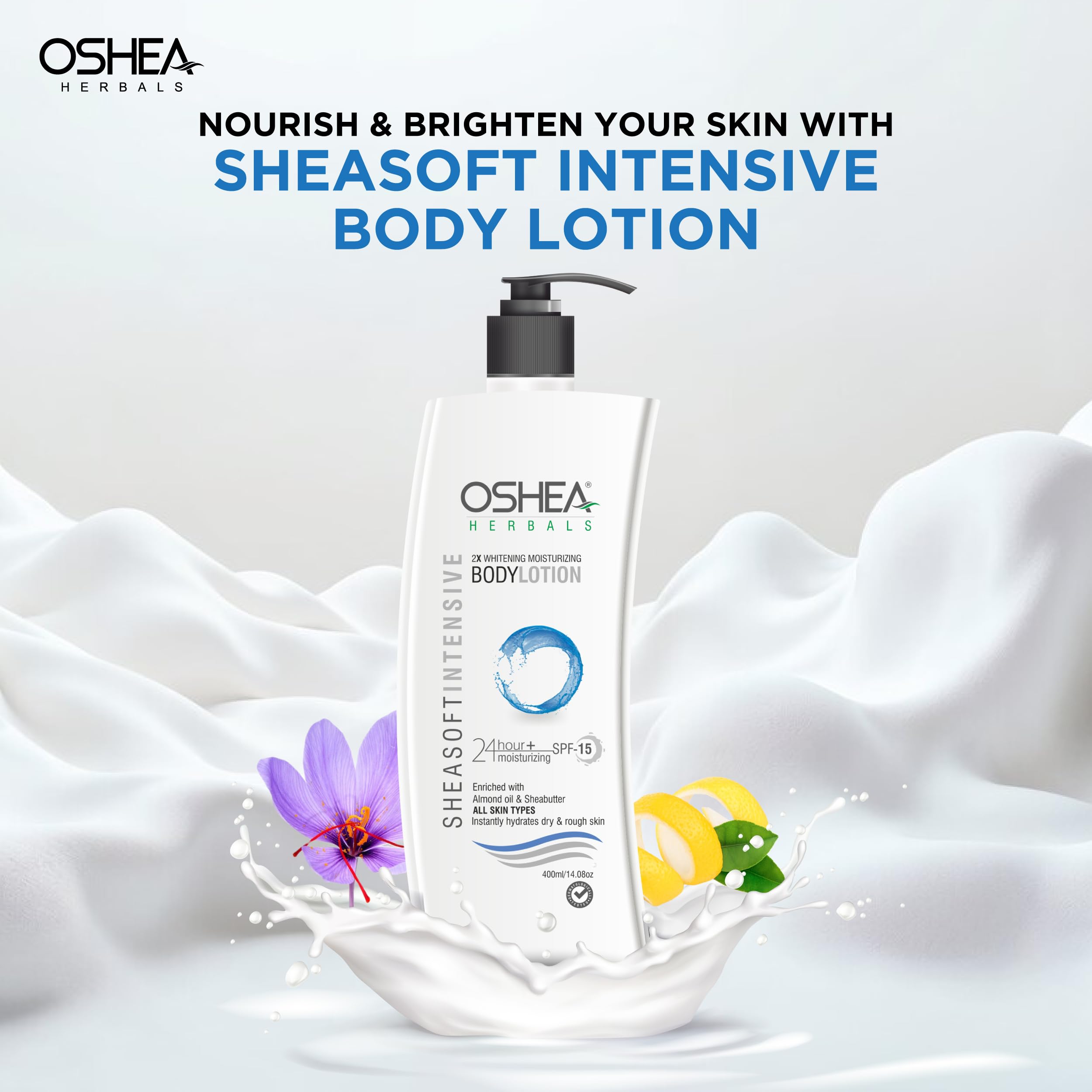 Oshea Herbals SheaSoft Intensive 2x Brightening & Moisturizing Body Lotion SPF 15 - 24 Hour Hydration with Almond Oil & Shea Butter - 400ml for Dry, Sensitive & All Skin Types - Perfect for Daily Use, Travel & Sun Protection