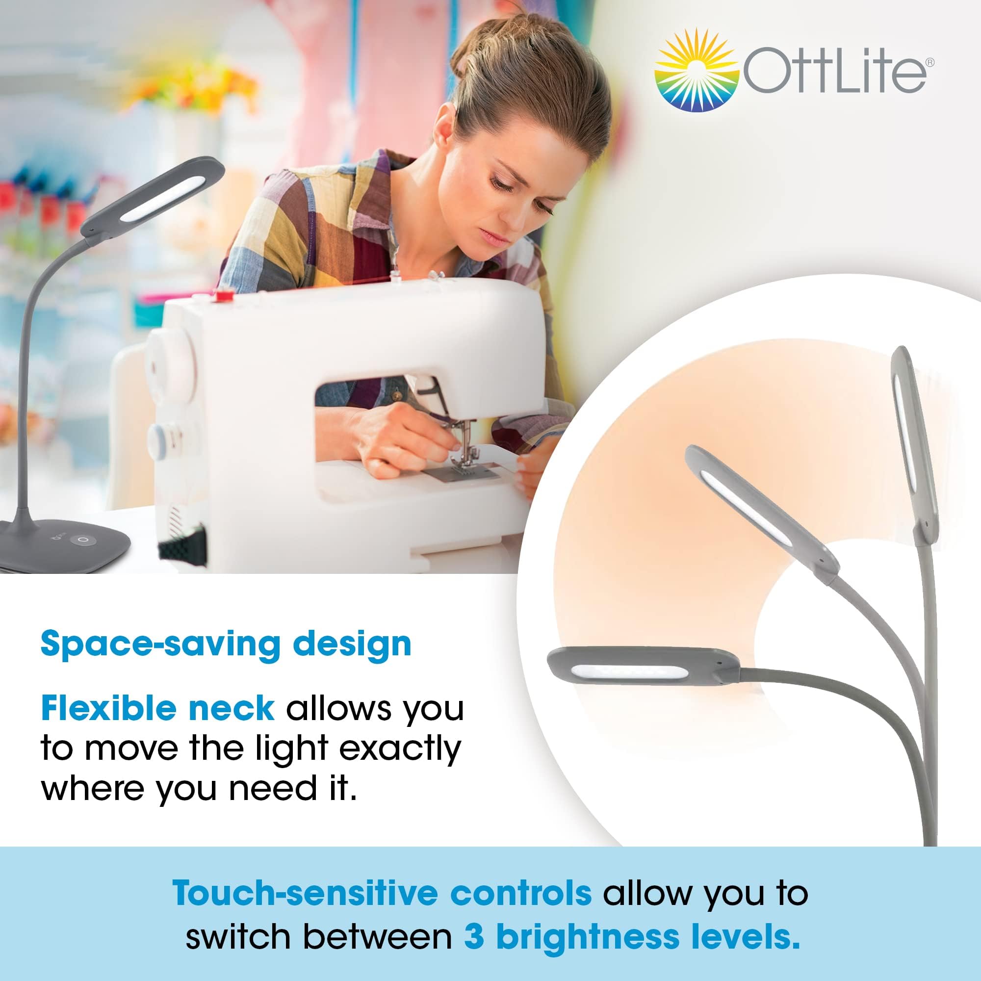 OttLite LED Desk Lamp with 3 Brightness Levels - Energy Efficient Natural Daylight LED Light - Adjustable Flexible Neck & Touch Control - Perfect for Home Office, Study, Computer Desk & Dorm Room - Ideal for Reading, Working & Nighttime Use