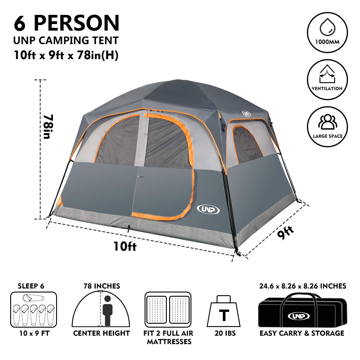 UNP 6-Person Waterproof Windproof Family Camping Tent - Easy Setup Double Layer Design with 1 Mesh Door & 5 Large Windows (10'x9'x78