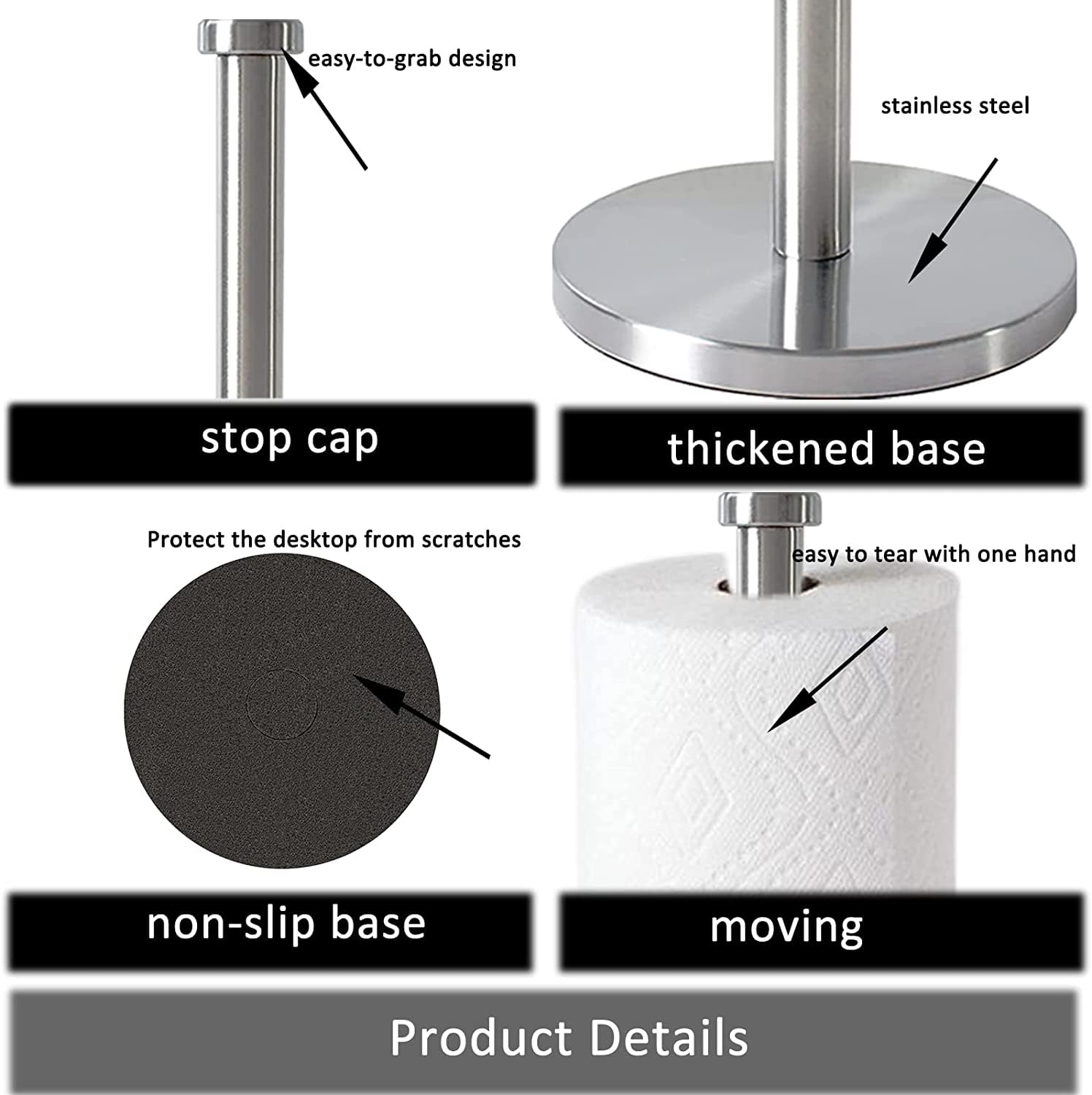 Stainless Steel Paper Towel Holder with Weighted Base - Countertop Standing Roll Holder for Kitchen, Bathroom, Office, Restaurant & Coffee Shop | Durable & Space-Saving Towel Dispenser for Easy Access