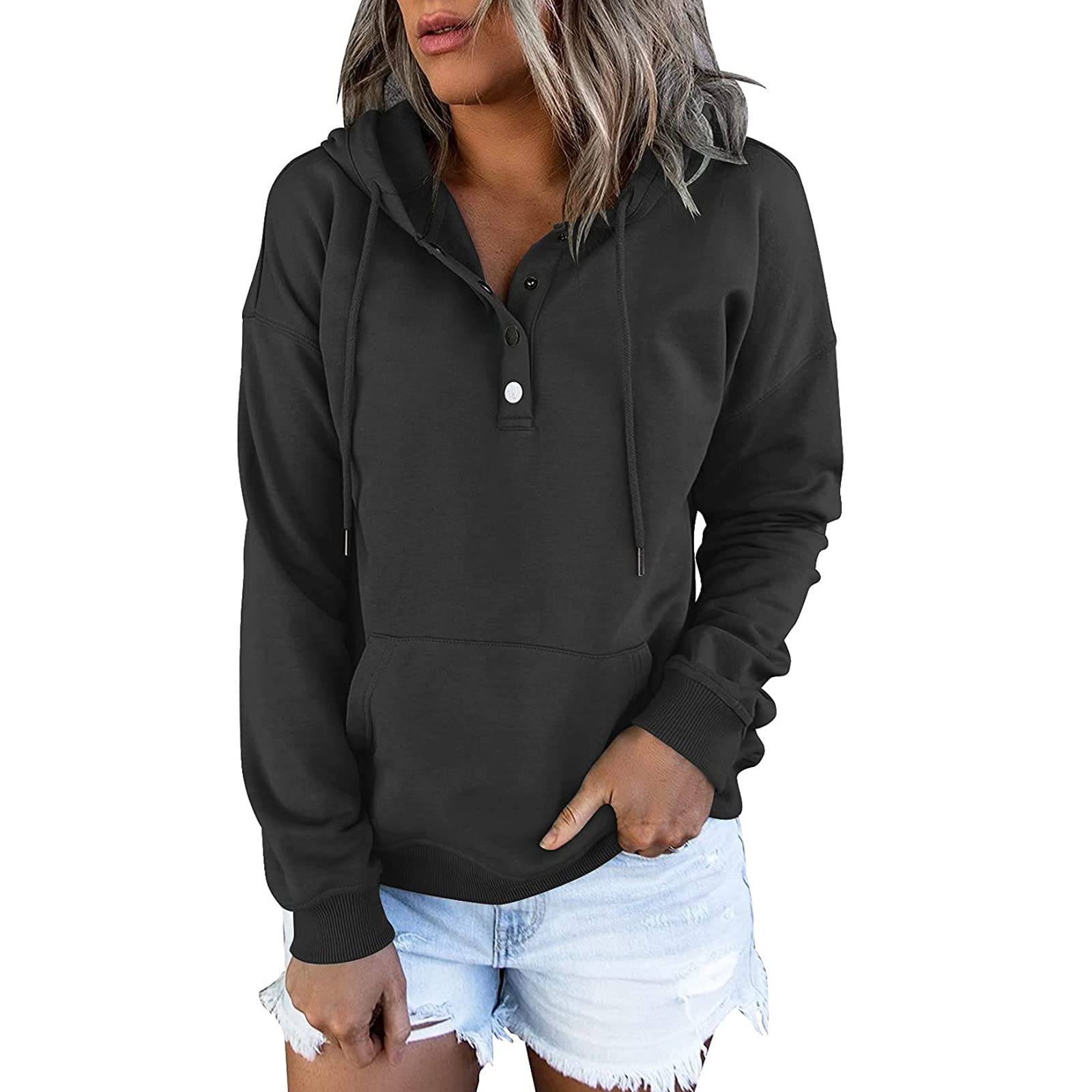 Women's Pullover Hoodies with Button Down & Drawstring - Casual Long Sleeve Sweatshirts with Hooded Pockets | Perfect for Lounge Wear, Outdoor Activities & Everyday Comfort