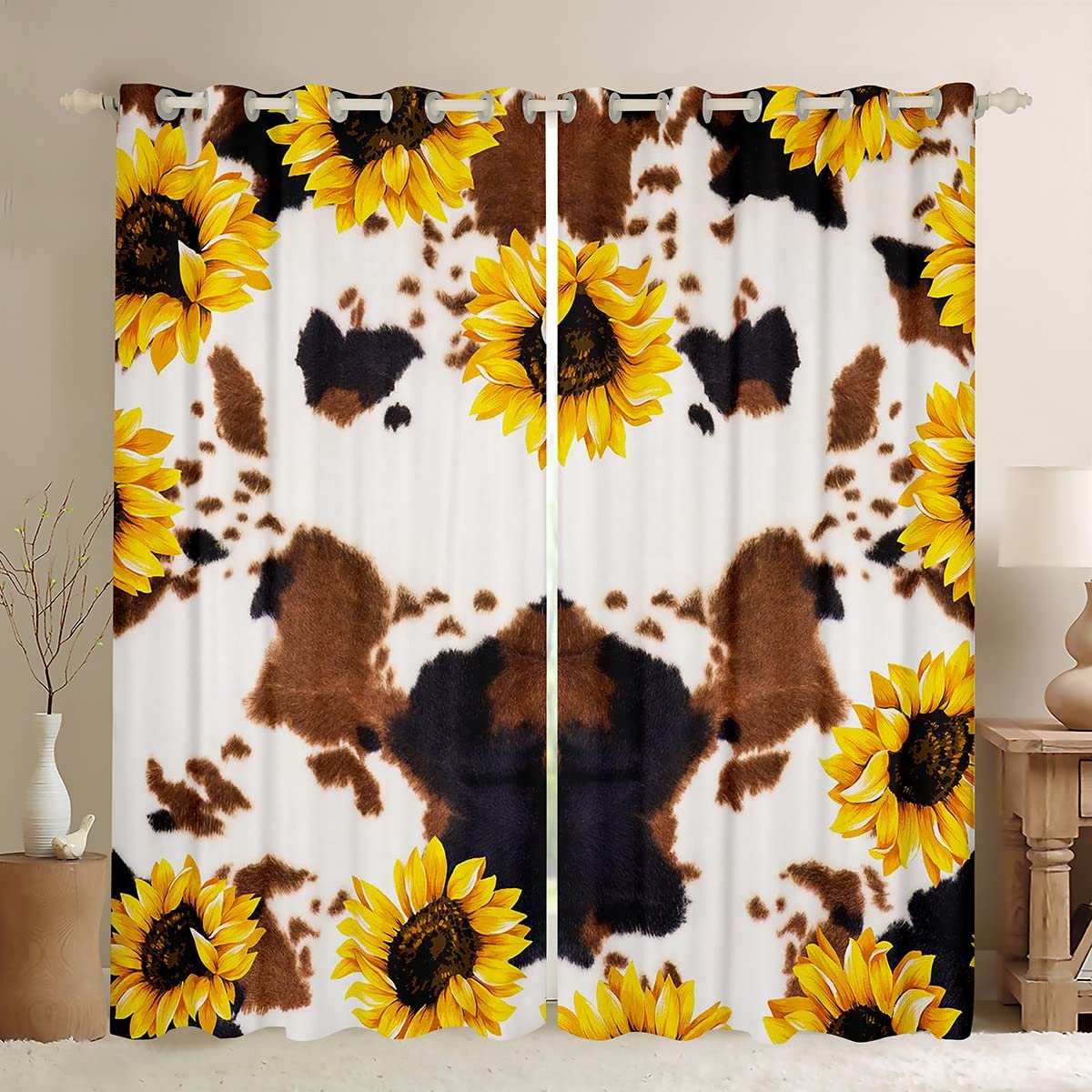 Cow Print Window Curtains 42x63 Inch - White Brown Black Cowhide Sunflower Design, Machine Washable, Western Animal Theme for Bedroom Decor | Perfect for Farmhouse, Boho, and Kids' Room Aesthetic