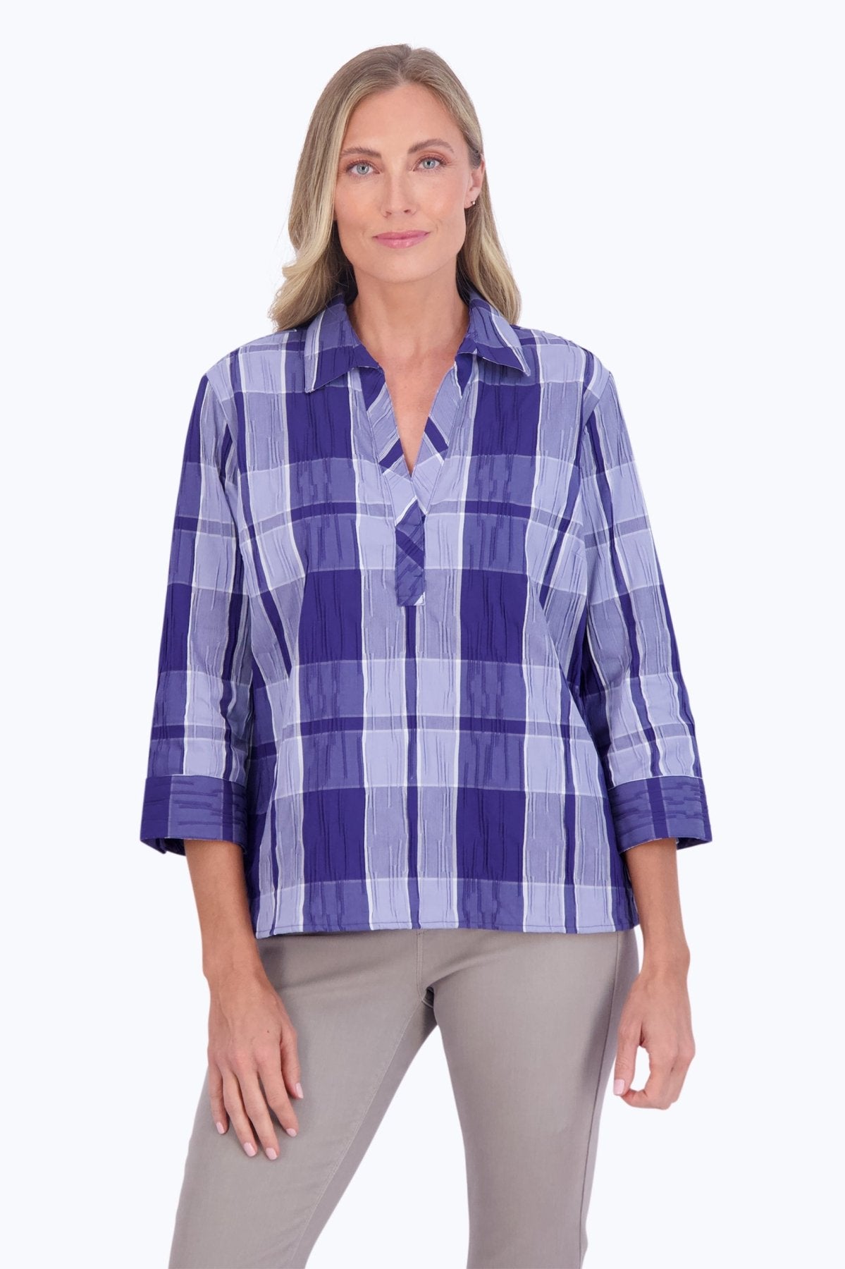 Sophia Women's Denim Plaid Crinkle 3/4 Sleeve Popover Shirt - Casual Button Down Top for Work, Date Night & Weekend Outfits