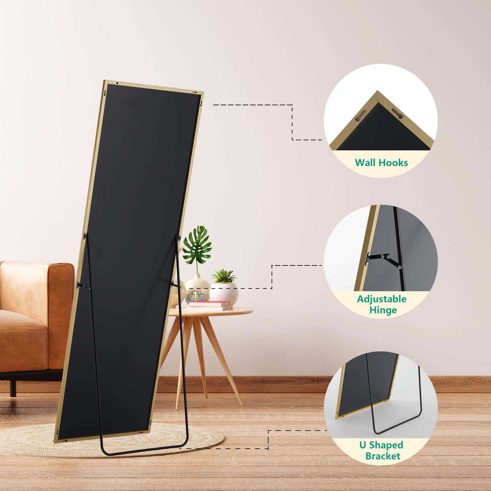 NEWBULIG Full Body Mirror 59x16 Inches - Floor Standing & Wall Hanging Mirror with Aluminum Alloy Frame for Bedroom, Living Room, Dressing Room - Gold Finish for Home Decor & Outfit Checking