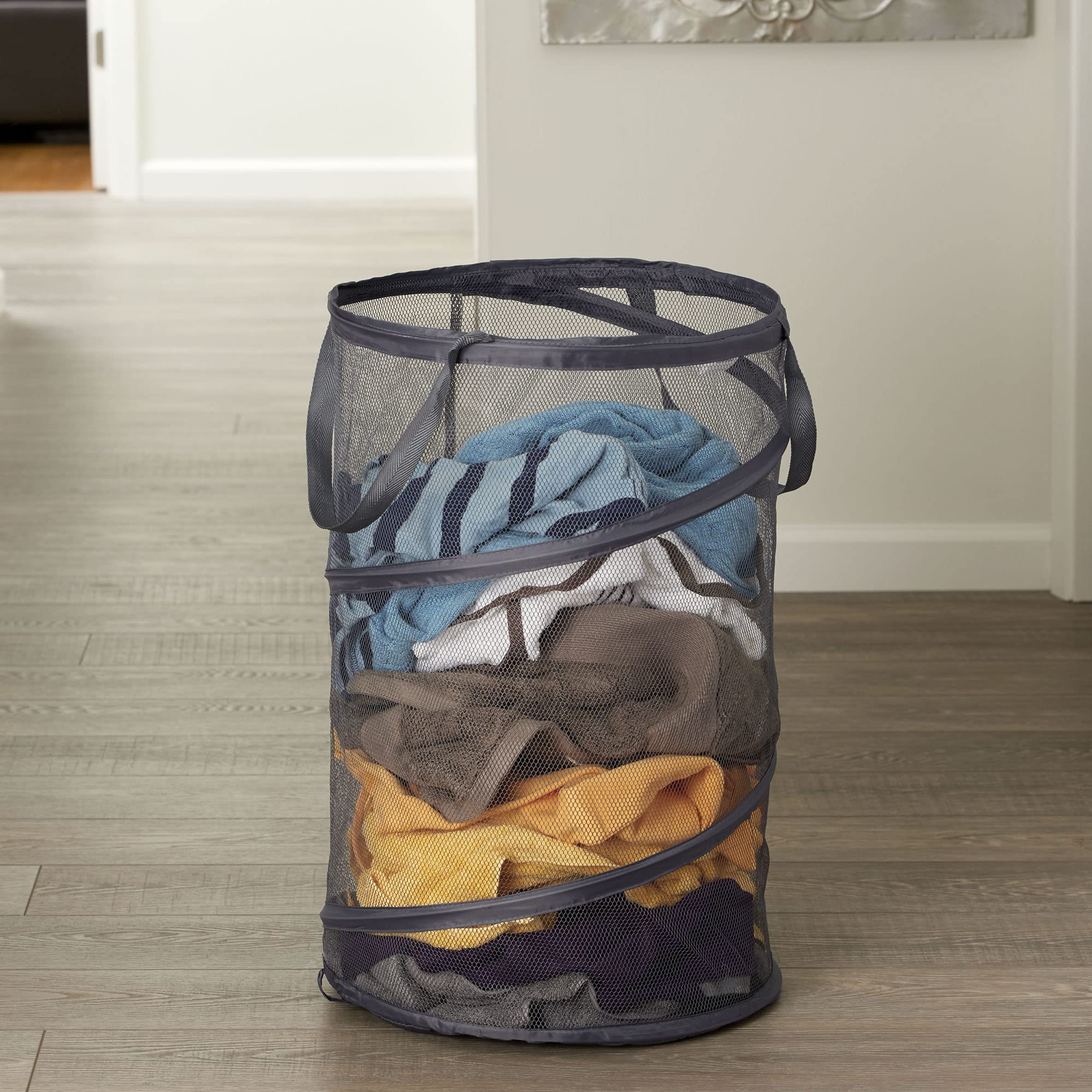 2027-1 Pop-Up Collapsible Mesh Laundry Hamper with Handle | Foldable Clothes Basket for Home, Dorm & Travel | Charcoal Grey Storage Organizer for Bedroom, Bathroom & Laundry Room