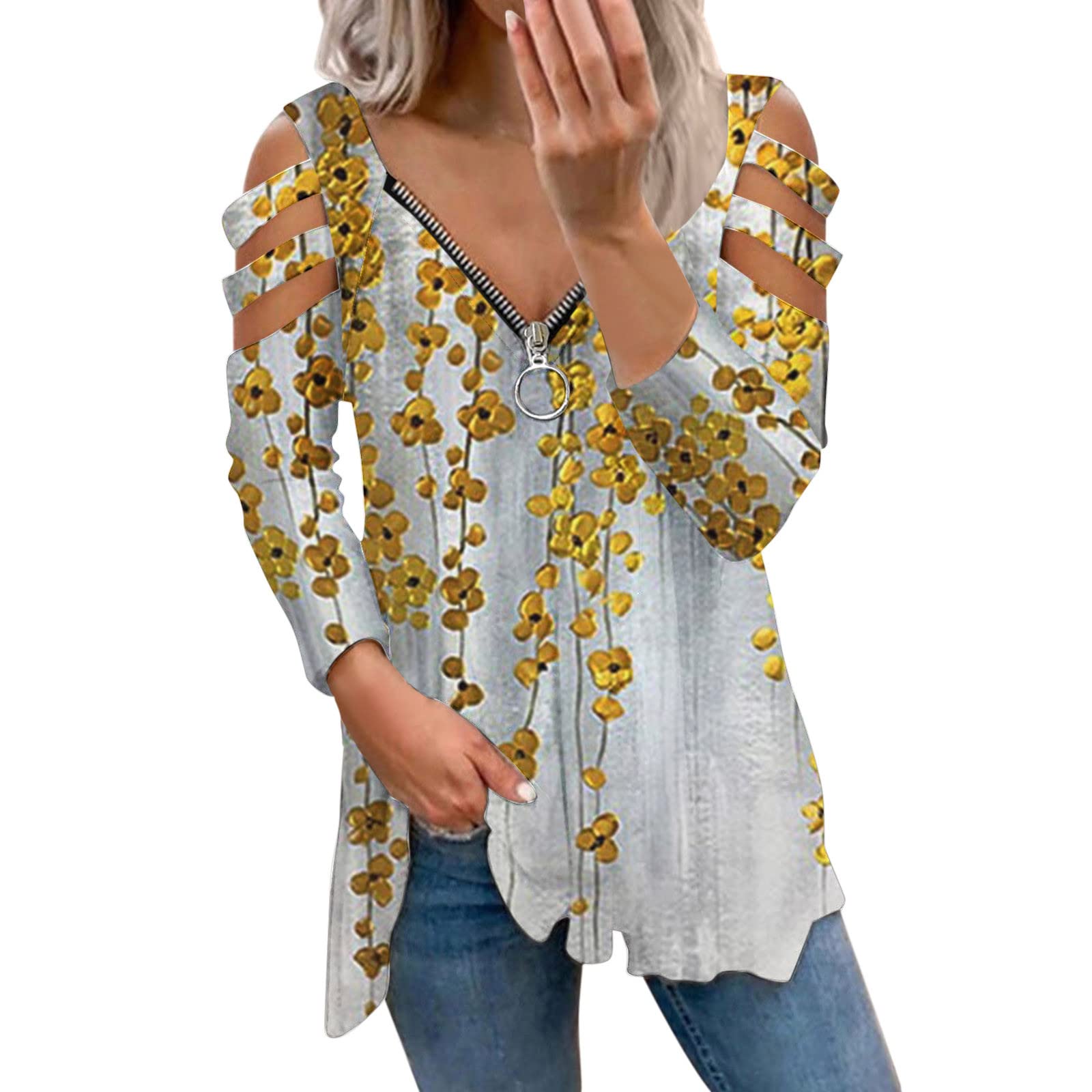Sexy Women's Off Shoulder V Neck Hollow Out Long Sleeve Tie Dye Floral Swing T-Shirts - Perfect for Date Night, Summer Parties & Casual Outfits