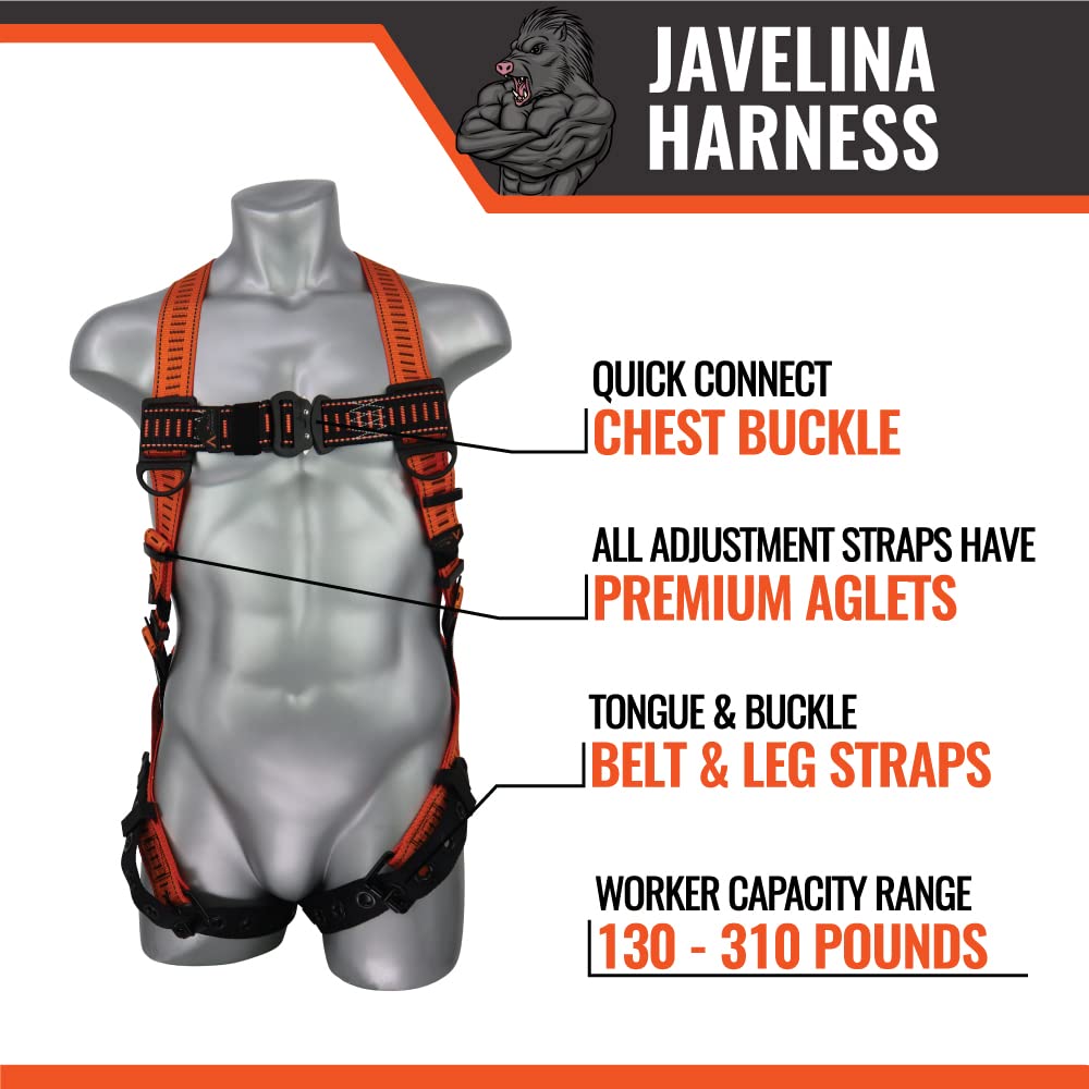 Malta Dynamics Javelina Safety Harness - Lightweight Fall Protection Harness with Comfortable Tongue & Buckle Design for Construction, Roofing & Industrial Work