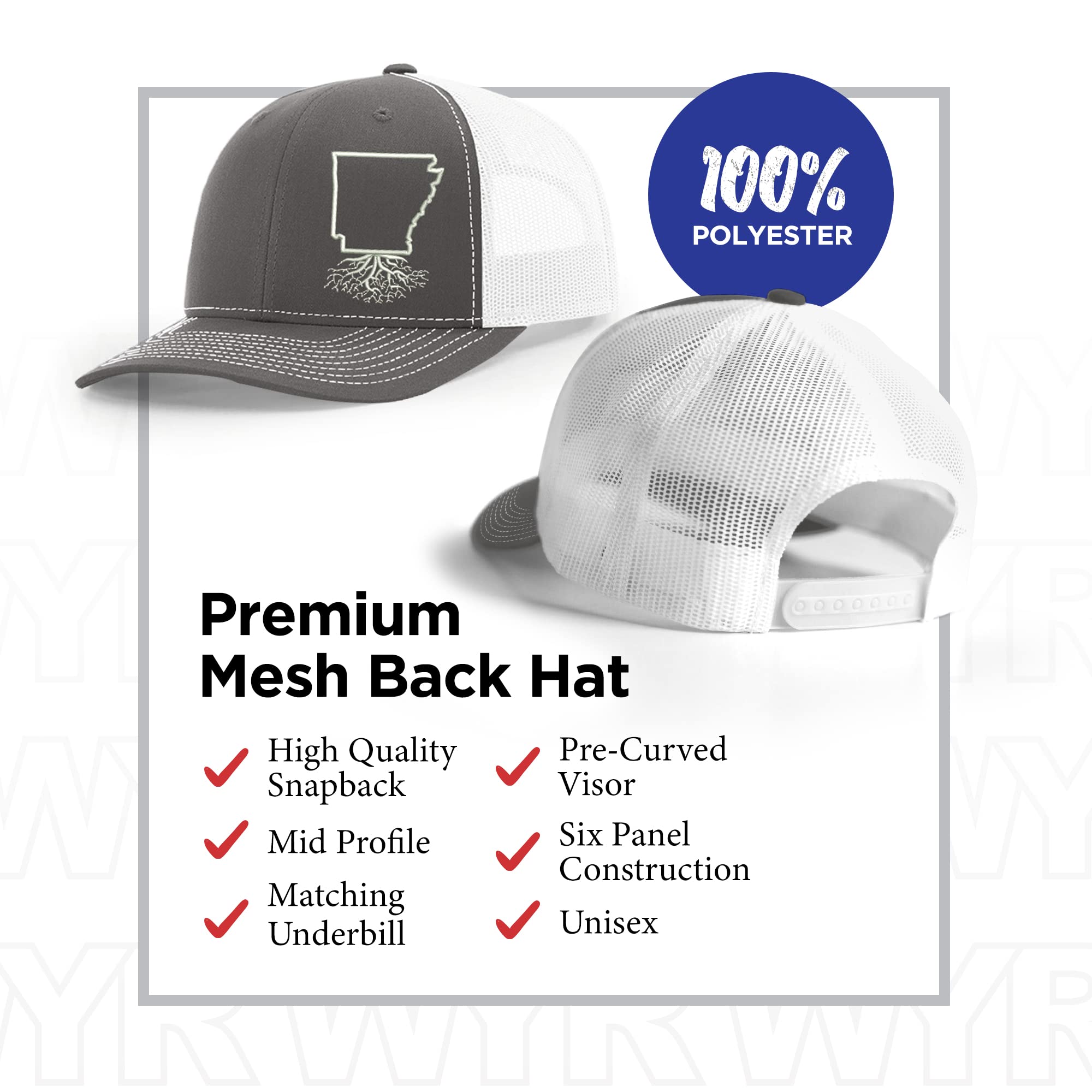 Arkansas Roots Snapback Hat - Stylish Unisex Baseball Cap with Mesh Back, Polyester Cotton Six-Panel Trucker Hat (Charcoal & White) - Perfect for Outdoor Activities, Sports & Casual Wear