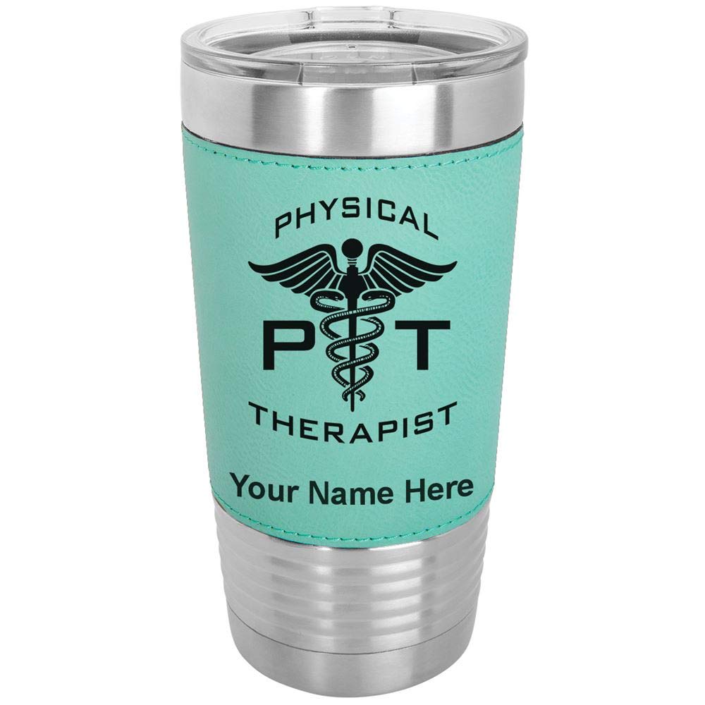 LaserGram 20oz Vacuum Insulated Stainless Steel Tumbler Mug with Personalized Engraving - PT Physical Therapist Gift, Faux Leather Sleeve, Teal Color - Perfect for Coffee, Tea & Cold Drinks at Work, Gym or Outdoor Activities