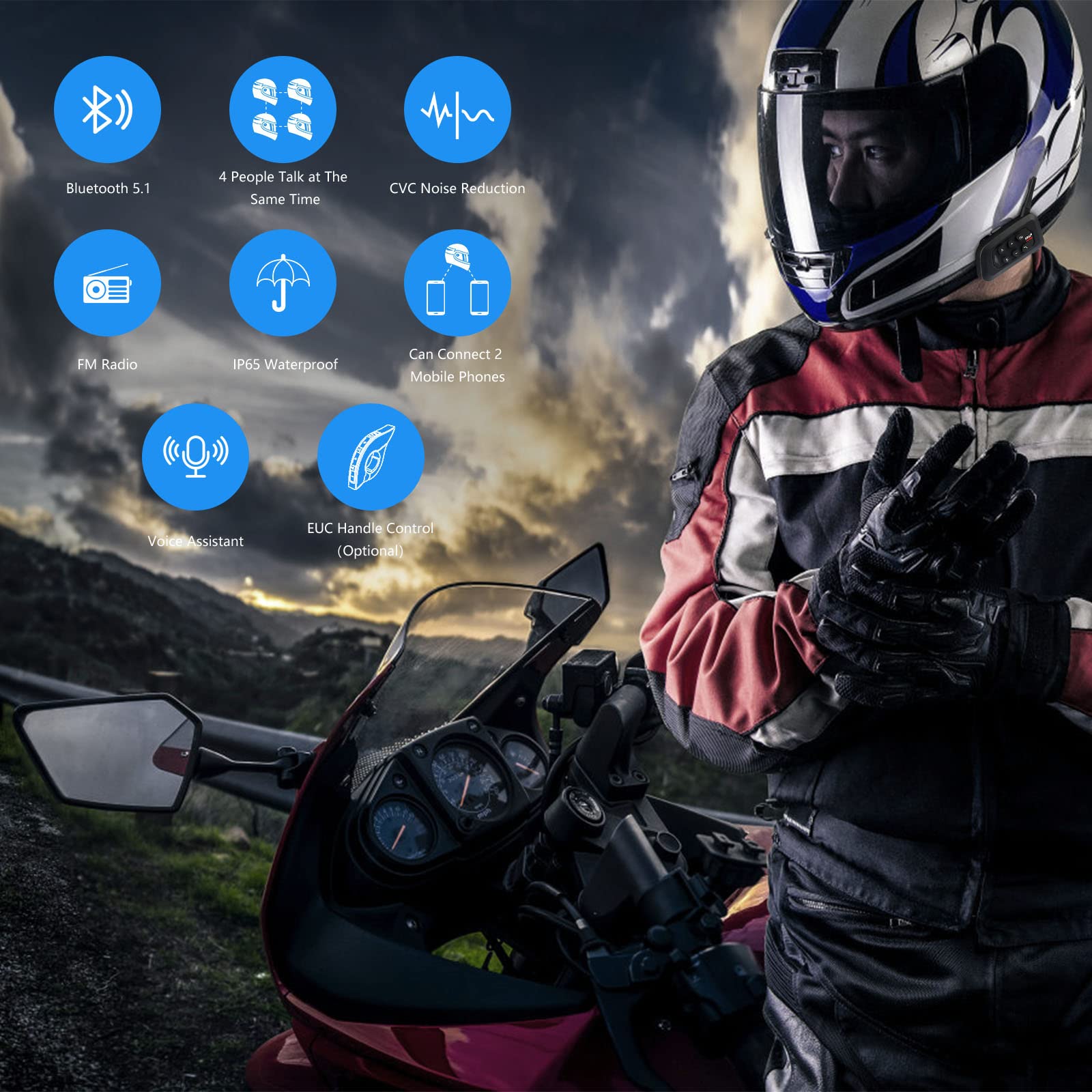 EJEAS V4 Plus Motorcycle Bluetooth Intercom Headset - 4 Person Full Duplex Communication, Bluetooth 5.1 with FM Radio & CVC Noise Cancellation, Crystal Clear Audio for Group Riding - Perfect for Motorcycle Tours, Commuting and Adventure Riding (1 Pack)