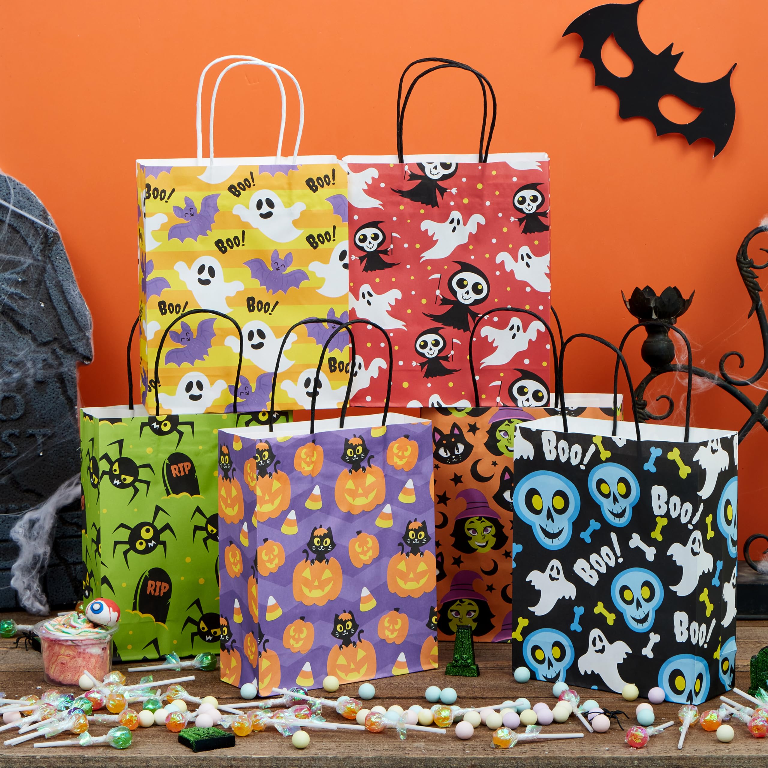 JOYIN 24-Pack Halloween Goodie Bags with Handles - 6 Designs for Trick or Treat Party Favors & Candy Storage