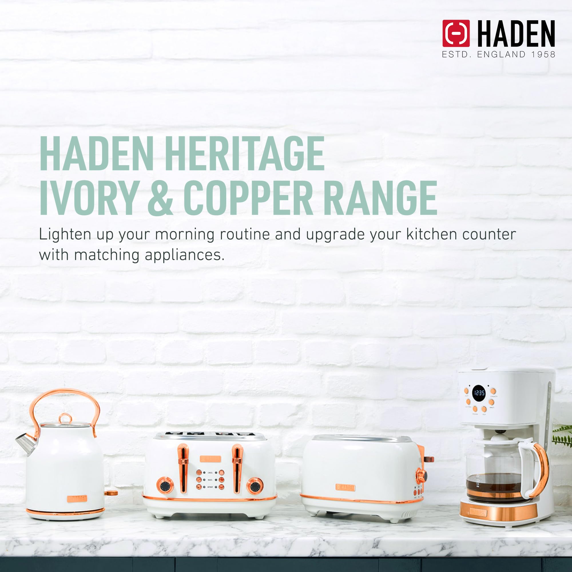 HADEN 12 Cup Drip Coffee Maker with 1.7L Stainless Steel Electric Kettle Set - Ivory & Copper Heritage Style for Home, Office & Kitchen Use