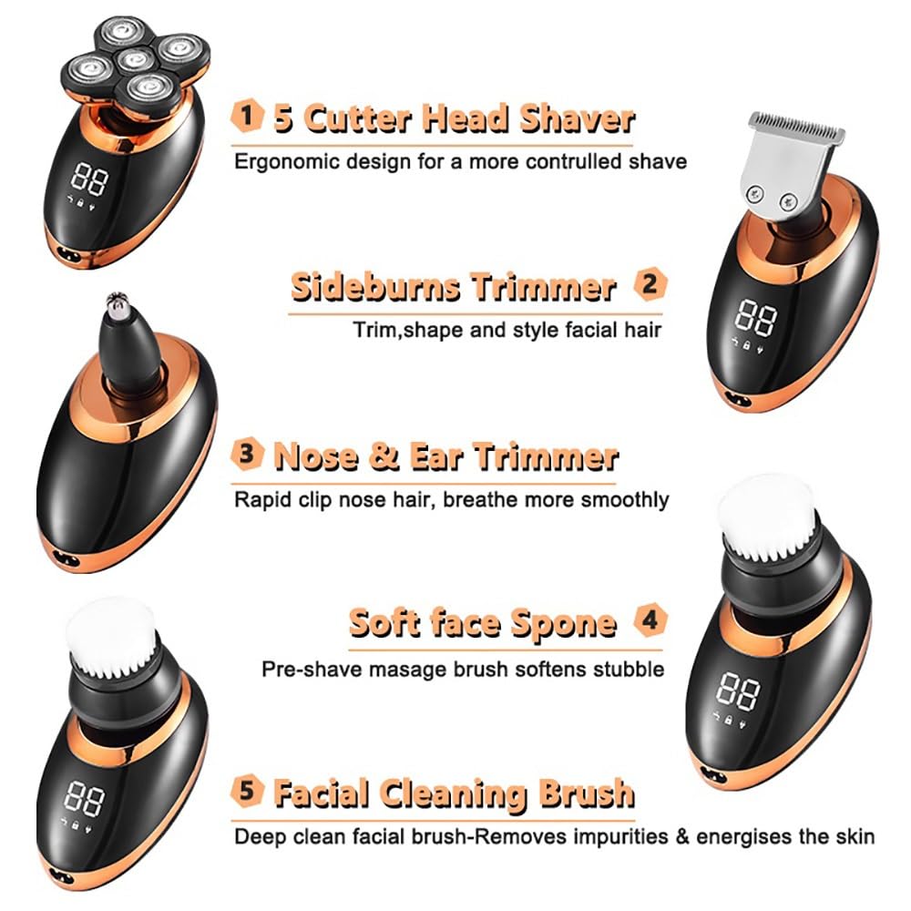5D Floating Head Electric Shaver for Bald Men - Rechargeable Beard Trimmer & Nose Hair Clipper with LCD Display (Golden) - Perfect for Travel, Gym & Daily Grooming
