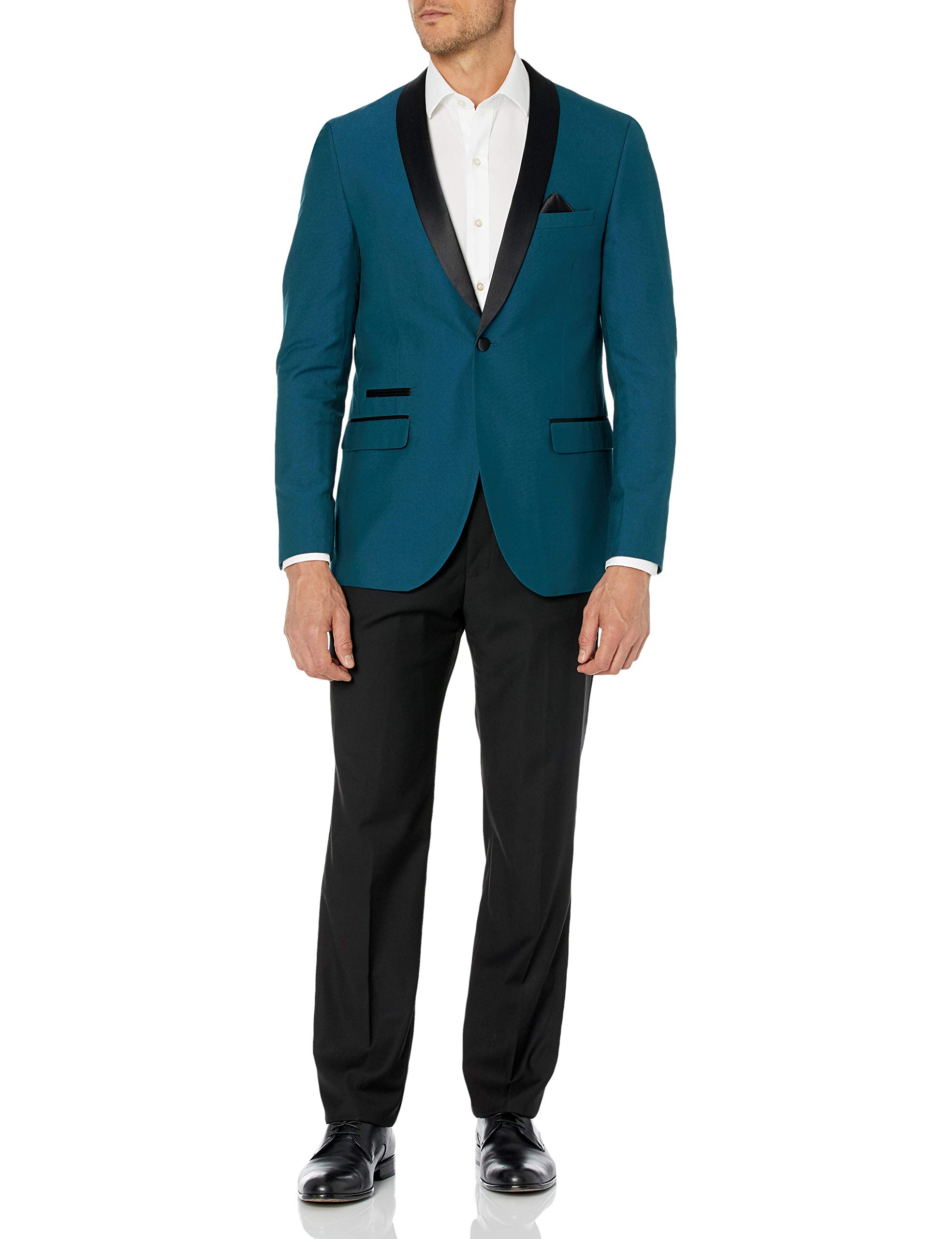 Adam Baker Men's Slim Fit One Button Satin Shawl Collar 2-Piece Tuxedo Suit - Black, Navy, Charcoal - Perfect for Weddings, Prom & Formal Events