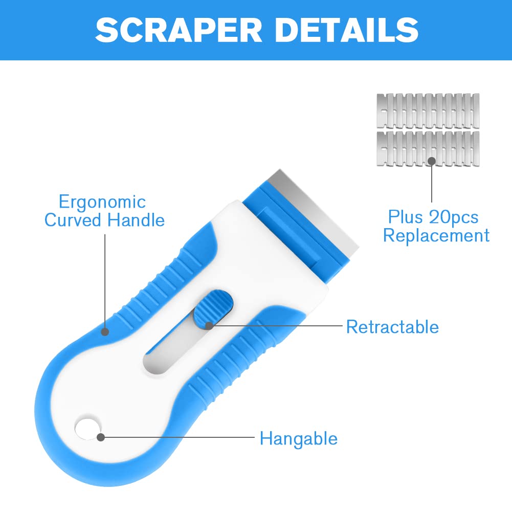 Premium Stainless Steel Razor Blade Scraper - 20PCS Replacement Blades Included - Multi-Purpose Cleaning Tool for Stickers, Labels, Caulk & Paint Removal - Ideal for Glass Cooktops, Windows & DIY Projects (Grey & Blue)