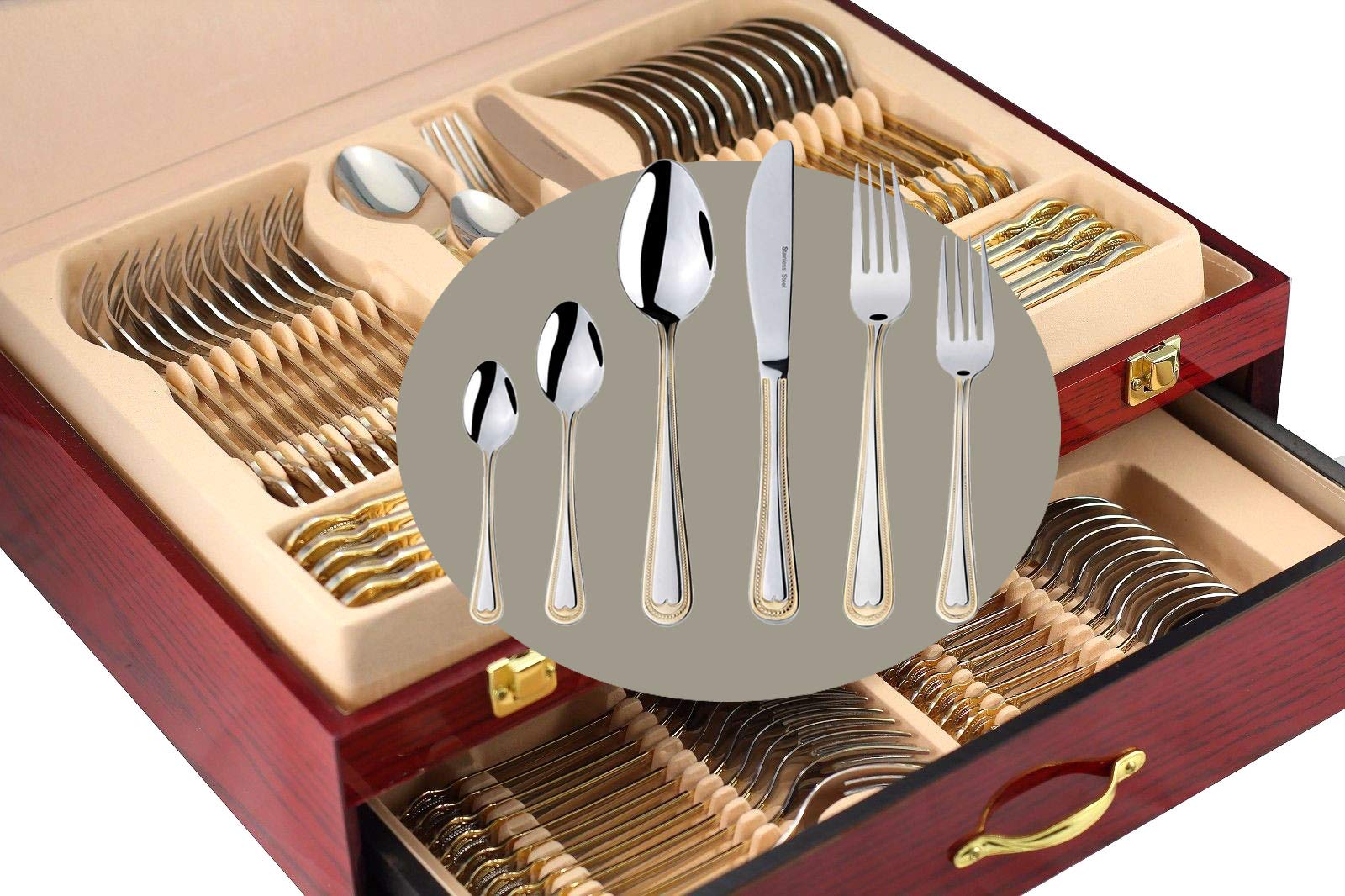 Venezia Collection 75-Piece Gold Flatware Set for 12 - 24Kt Gold-Plated 18/10 Surgical Stainless Steel Luxury Silverware Cutlery with Wooden Storage Case - Perfect for Formal Dining, Weddings & Hostess Gifts