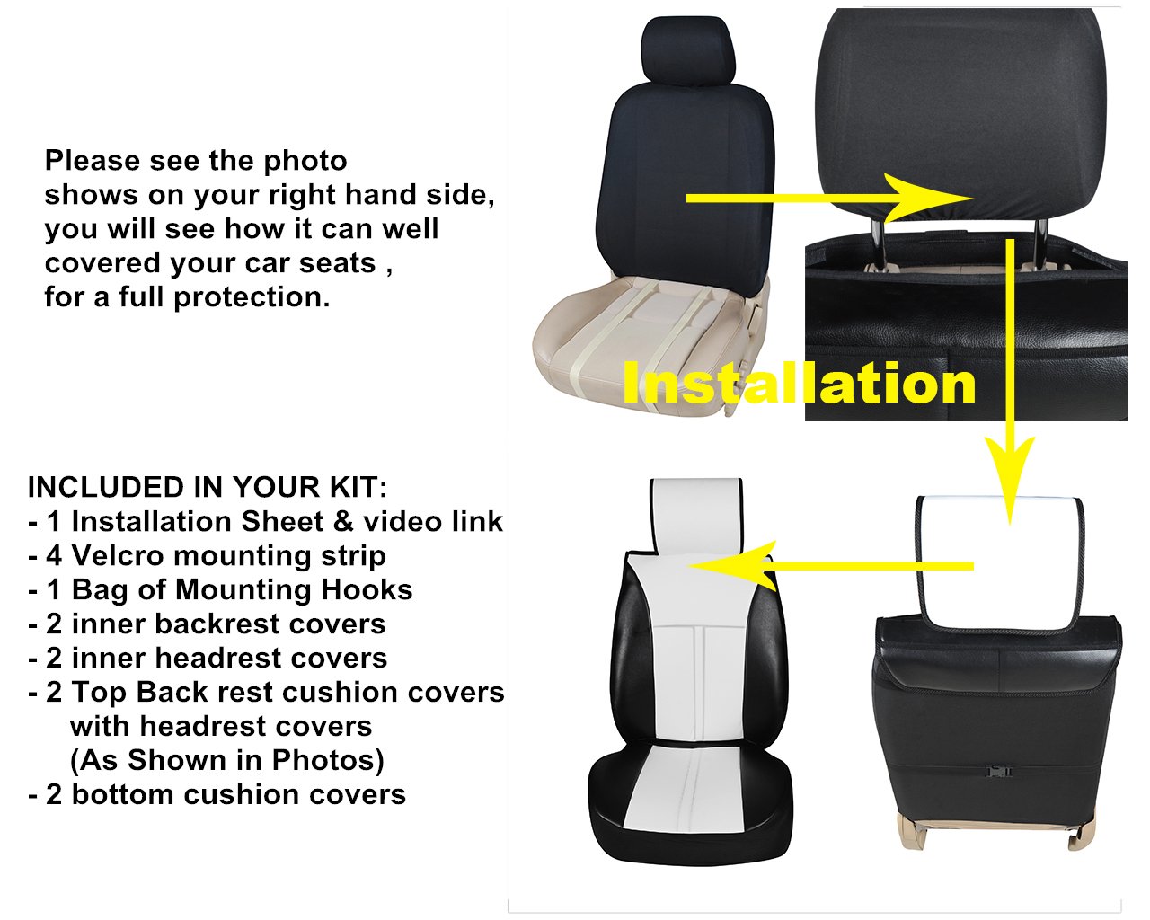 Universal Black & White Vinyl Leather Car Seat Covers - Front Pair (2-Piece Set) for Cars, Trucks & SUVs - Waterproof & Comfortable Seat Protectors for Daily Commute & Road Trips